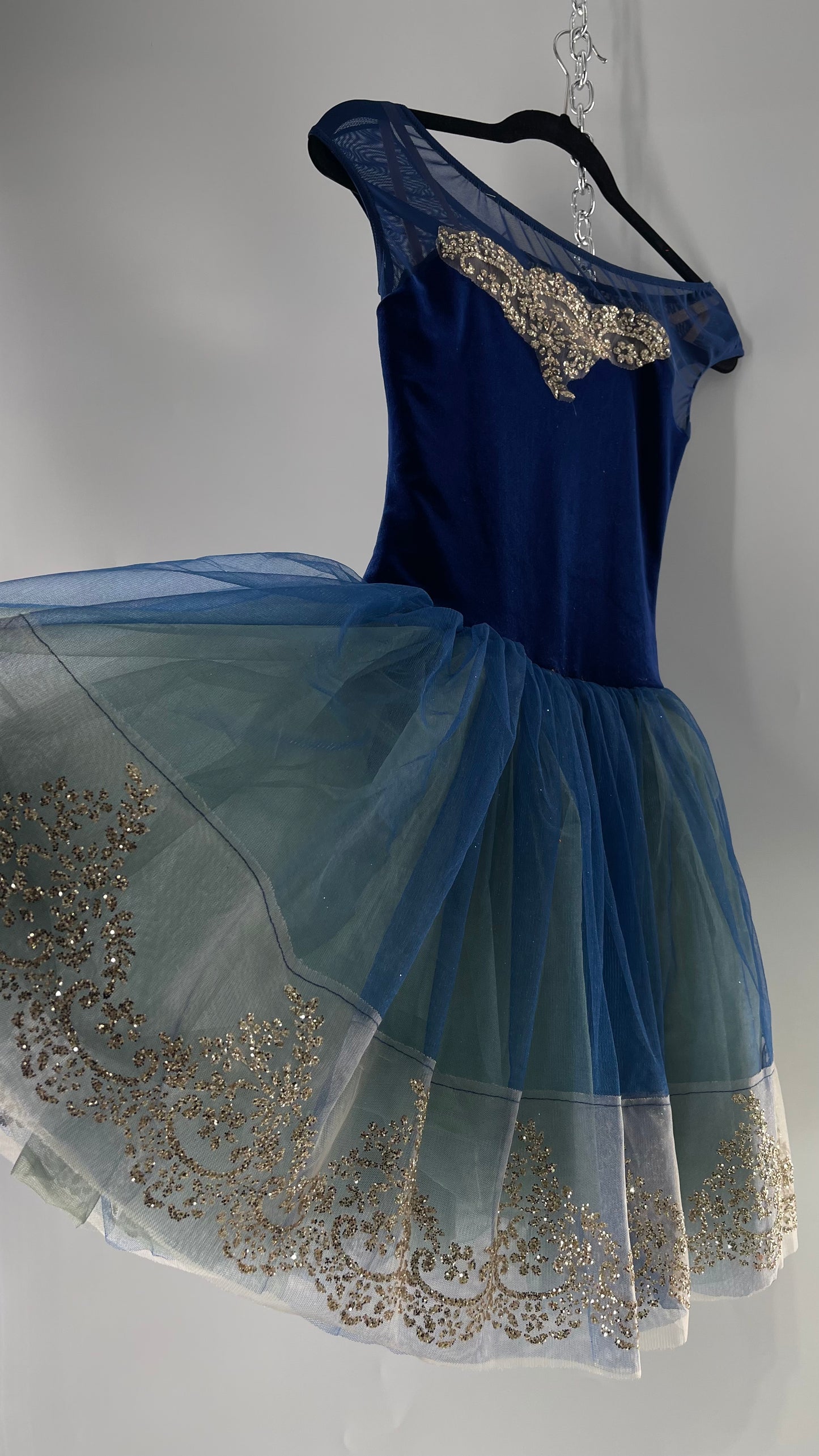 Midnight Muse Navy and Teal Mesh Tutu Skirt with Gold Glitter Hem Detailing (Medium)