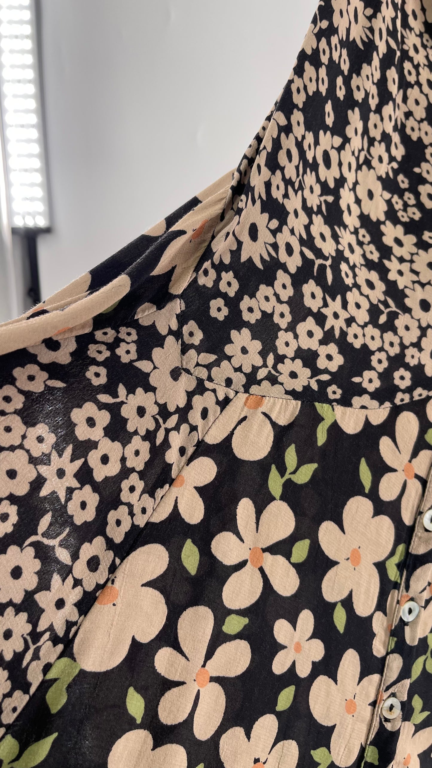 Free People Daisy Mixed Pattern Black/Beige Button Front Full Length Dress (XS)