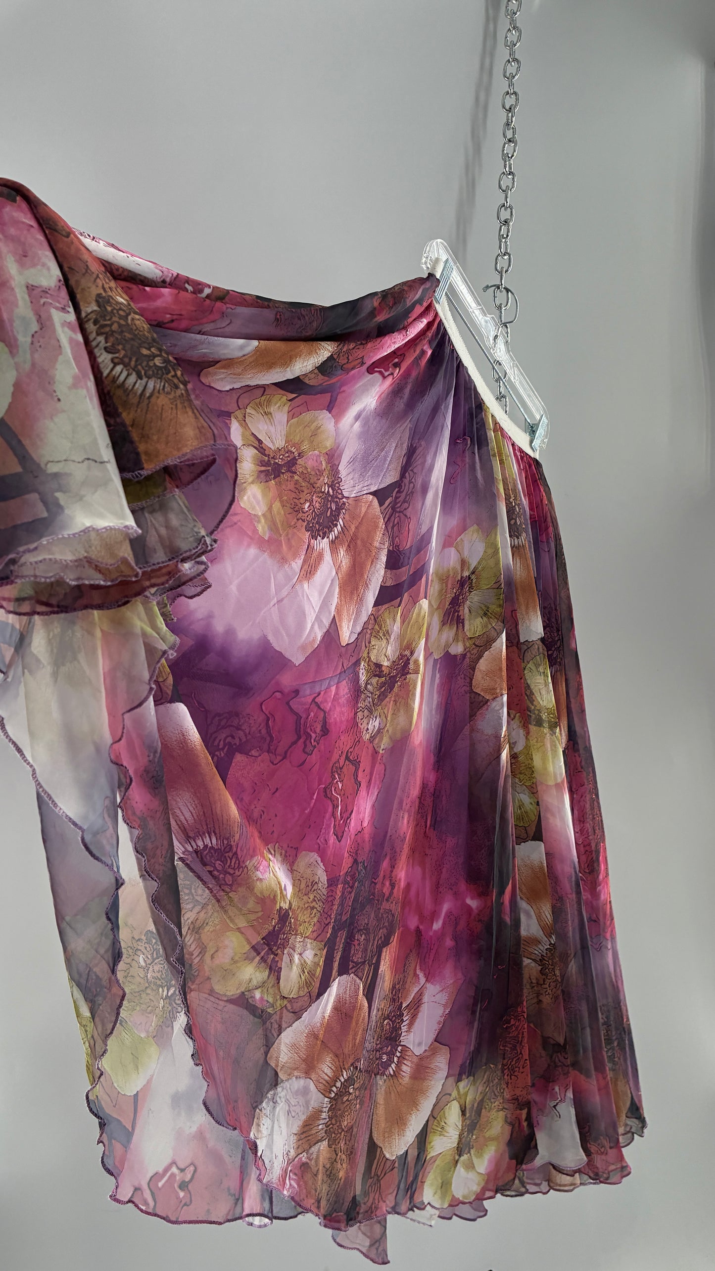 Vintage Full Length Silky Graphic Florals Skirt (Medium)