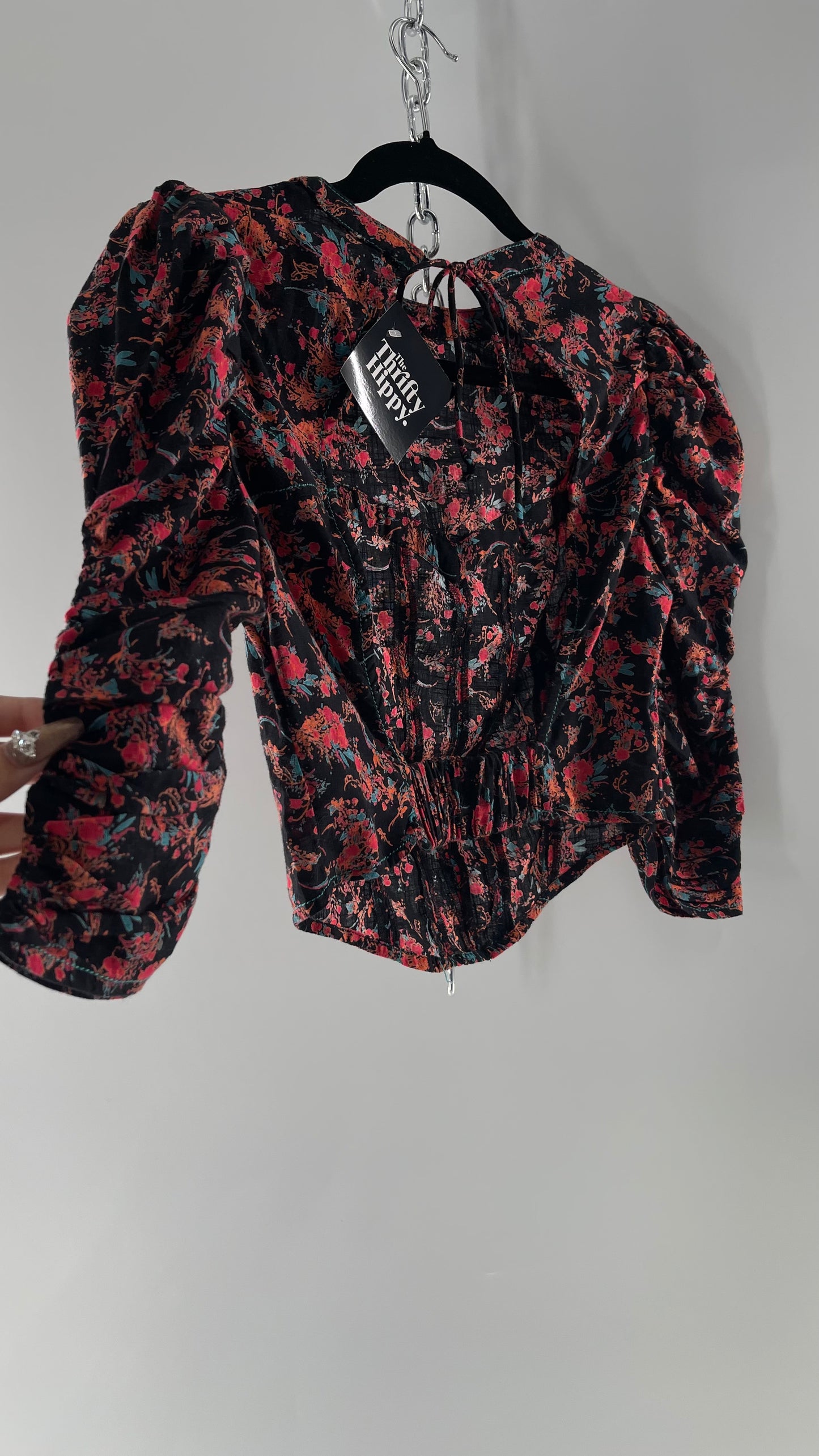 Free People Black Corset-esque Crop Top with Open Back and Ruched Sleeves (XS)