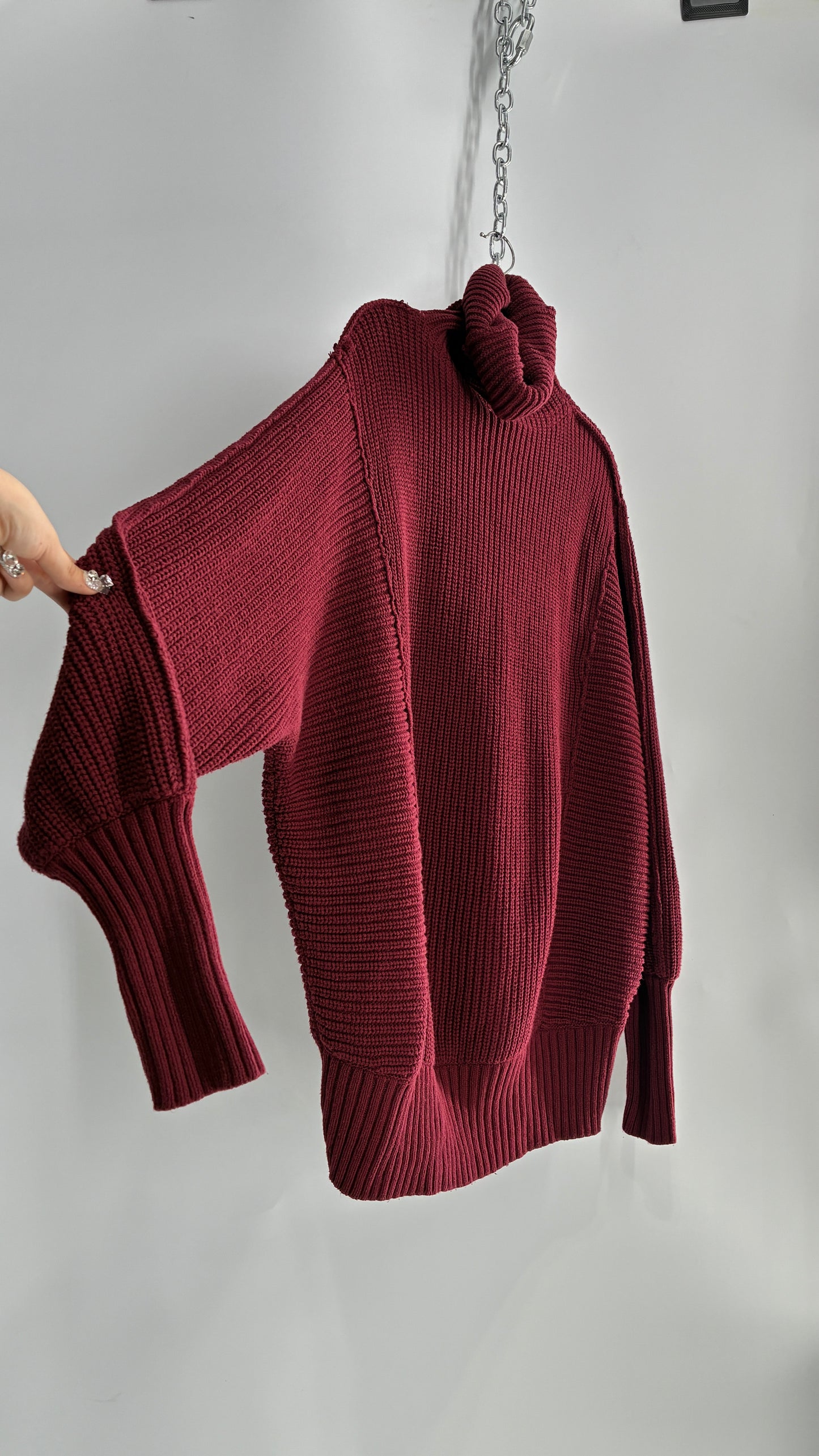 Free People Oversized Heavy Thick Knit Maroon Turtle Neck Sweater (Large)