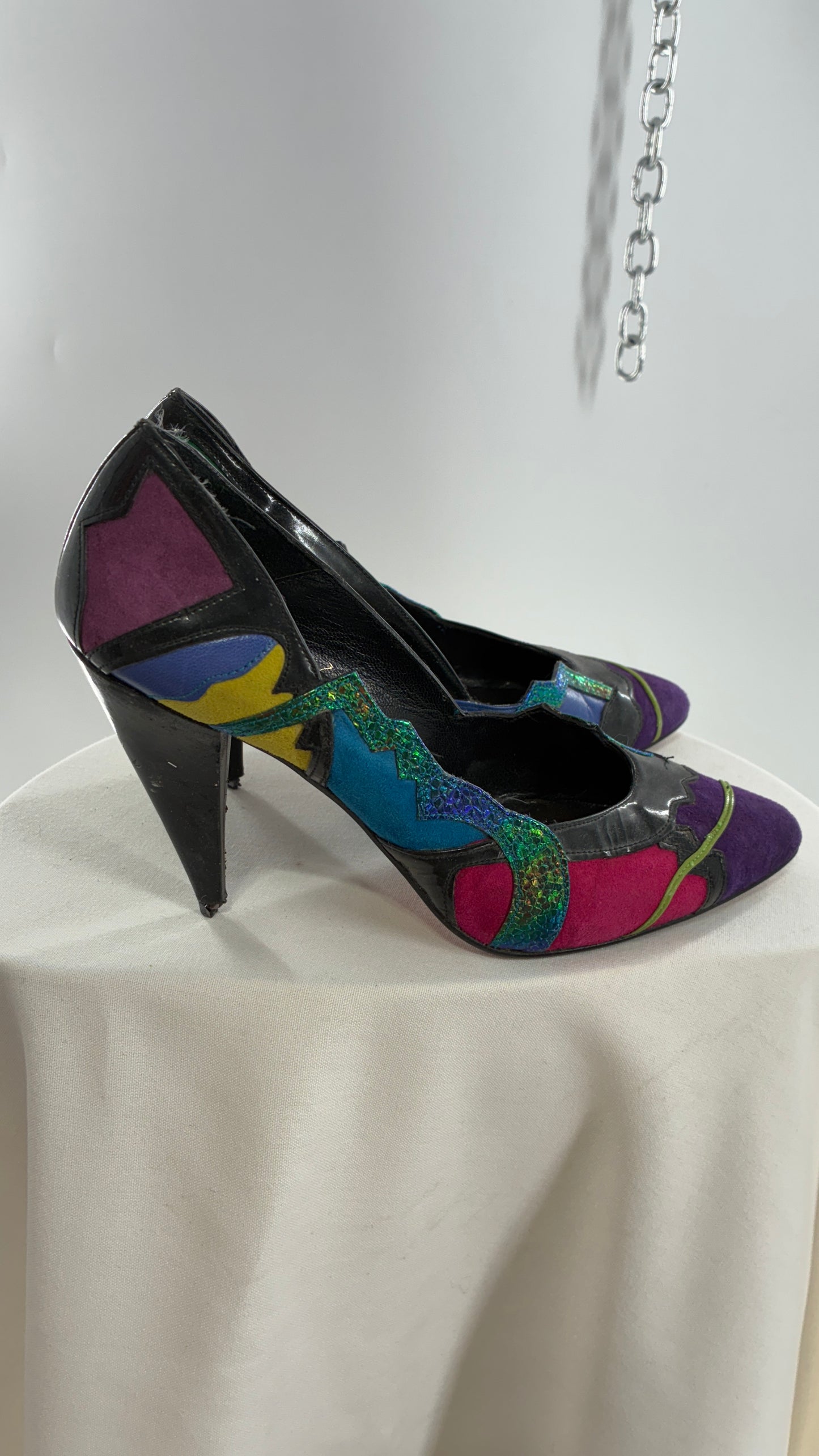 Vintage Beverly Feldman 1980s Retro, Abstract, Color Block and Iridescent Curved Heels (7)