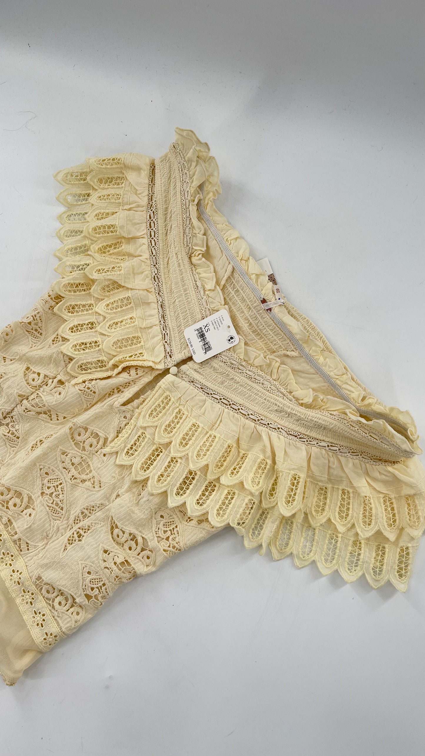 Intimately Free People Light Yellow Lace Bodysuit with Ruffled Off the Shoulder Neckline
(XS)