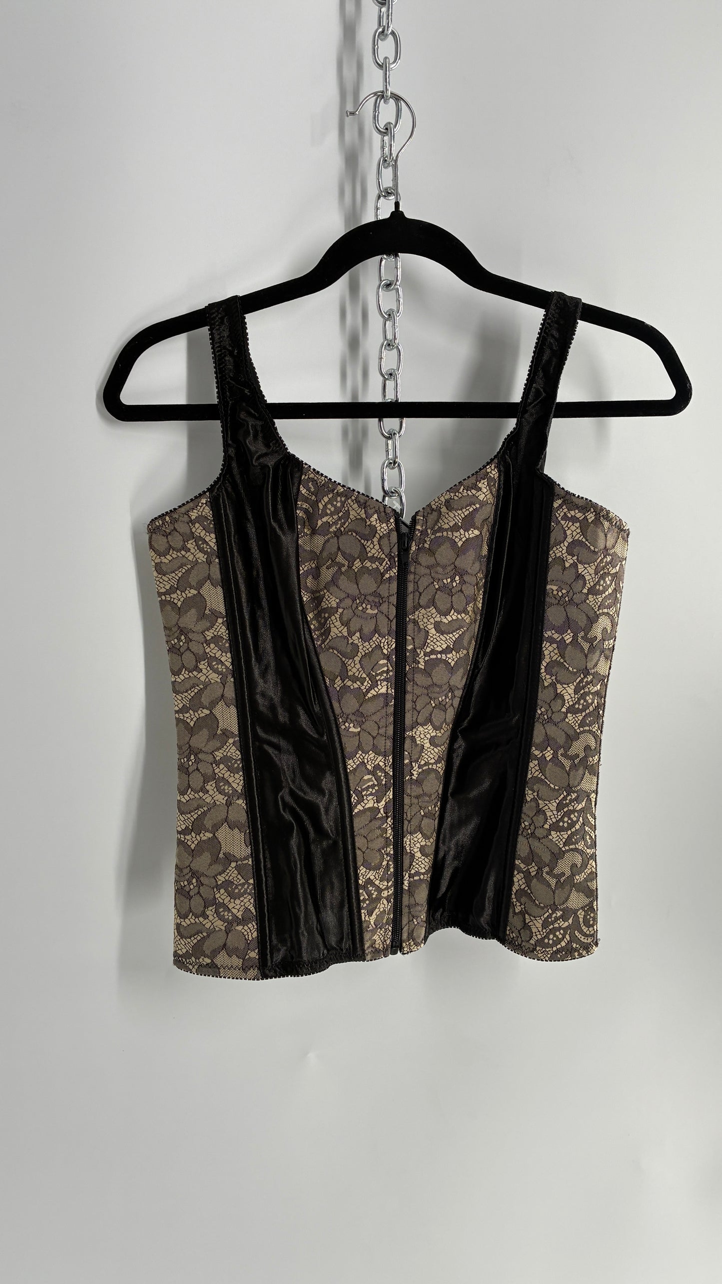 Vintage Zip Front, Tie Back Nude Lace Corset with Black Satin Paneling (Medium)