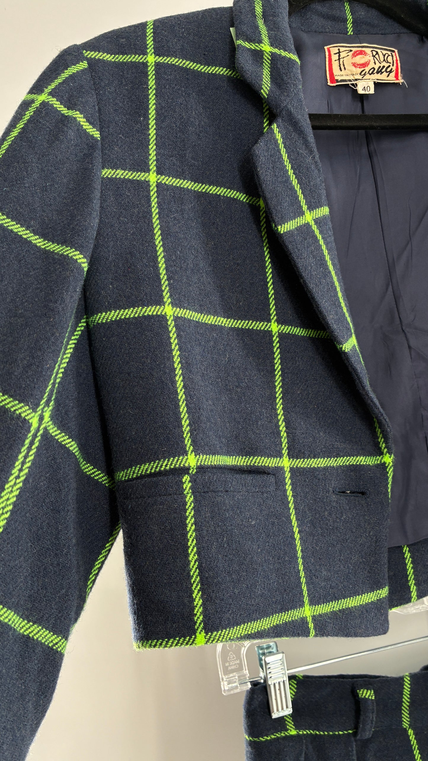 Vintage FIORUCCI GANG Navy and Neon Green Plaid Suit Set with Cropped Blazer and Mini Skirt (40,42)