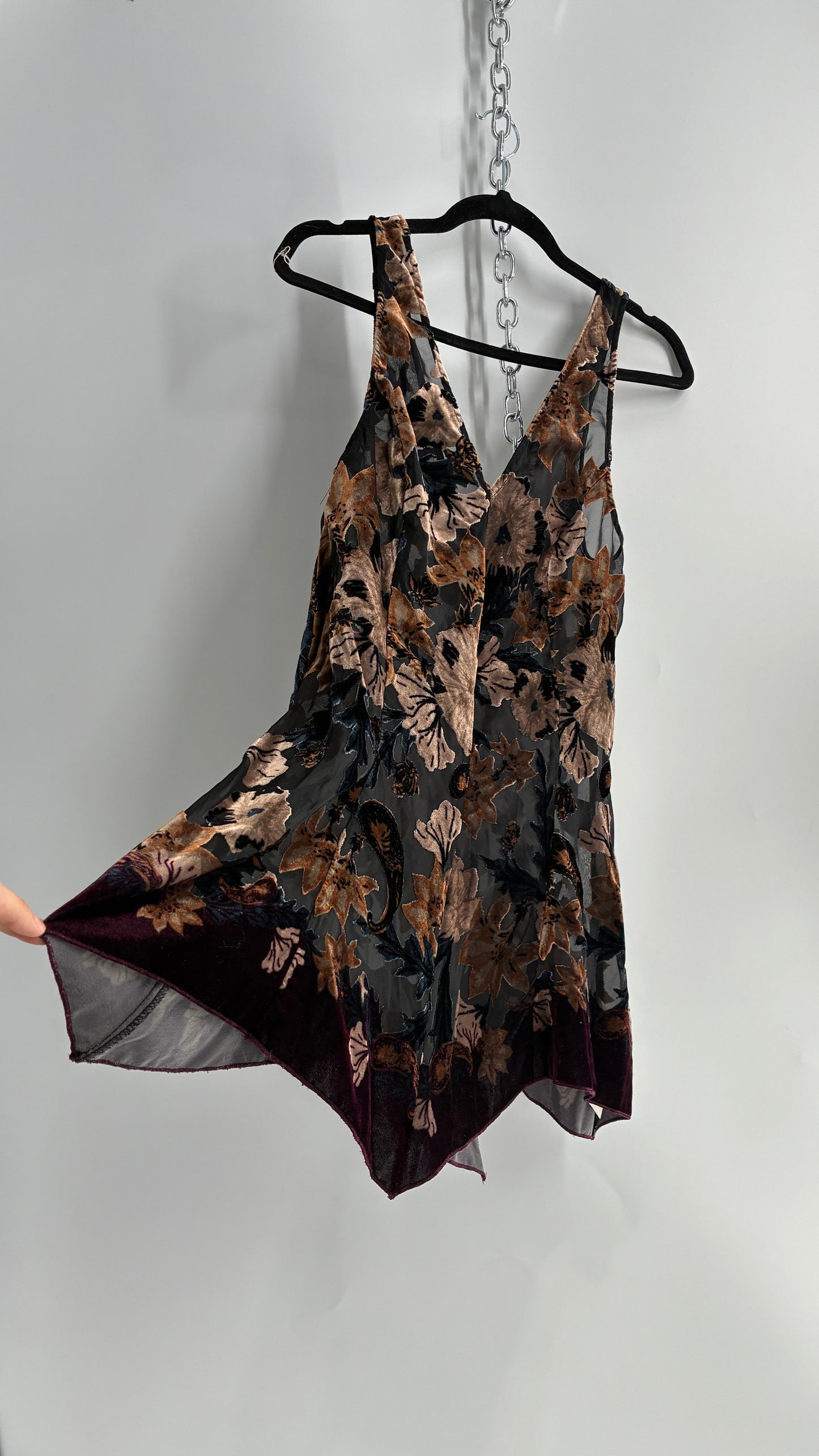 Free People Burn Out Velvet Mini Dress with Handkerchief Hem (XS)
