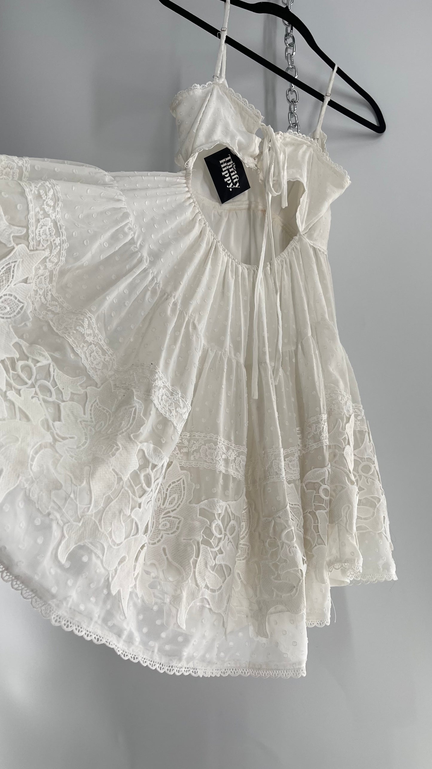INA Voluminous White Tiered Open Back Mini Dress with Lace Trim (M)