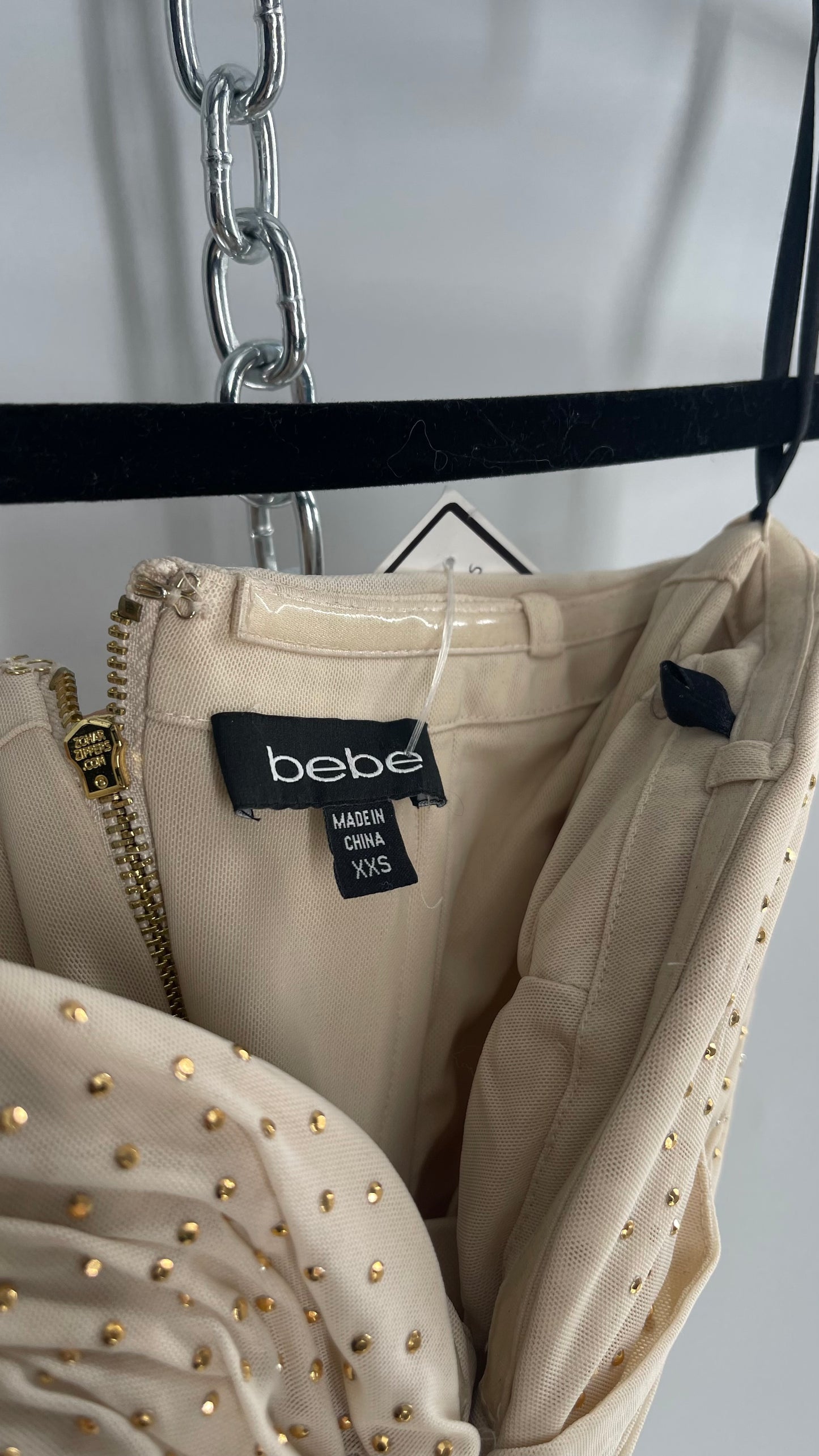 Vintage BEBE Beige Gold Studded, Ruched Mini Dress with Built In Corset (XXS)
