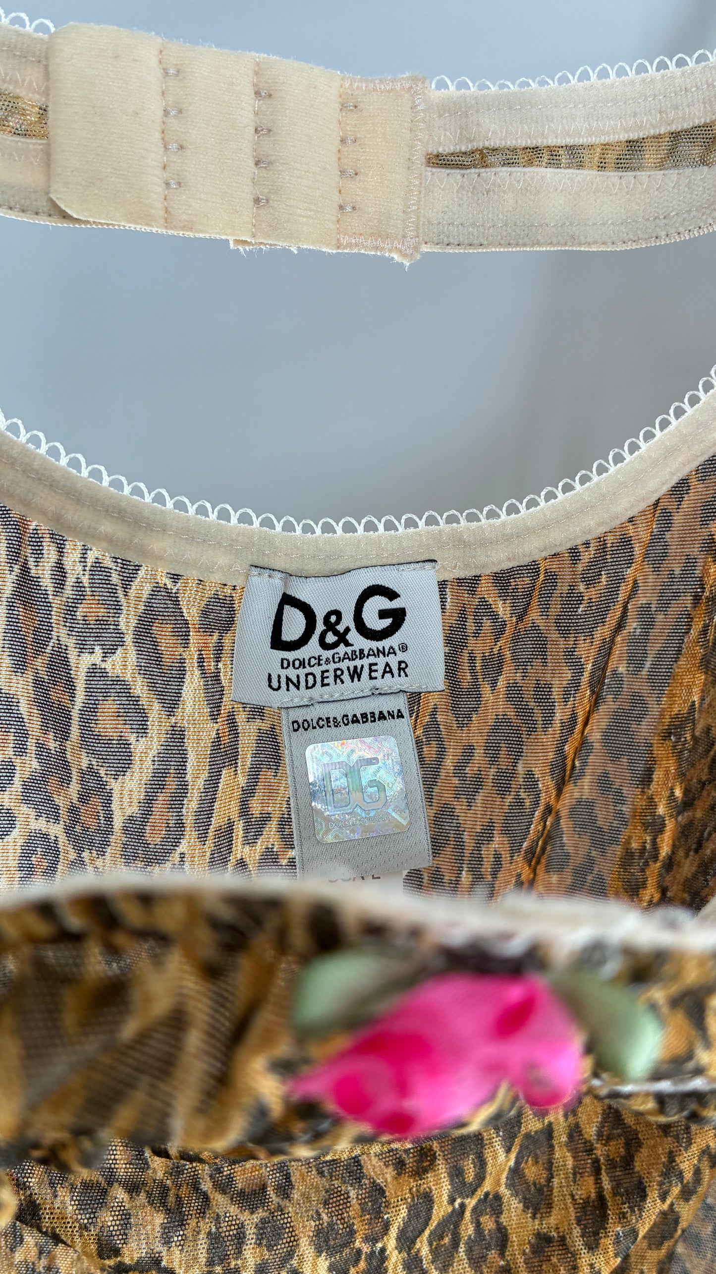 Vintage 1990s Dolce & Gabanna Cheetah Mesh Babydoll Camisole with Underwire Ruched Bust, Rosette and Branded Appliqué Tag (Large)