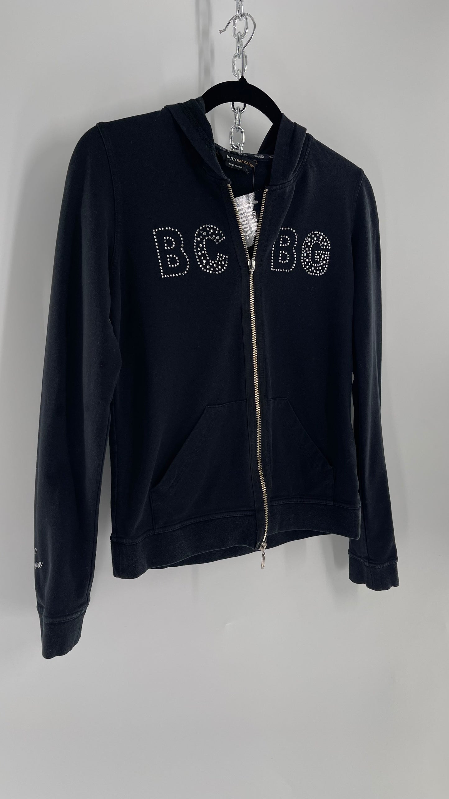 Vintage BCBG Rhinestone Logo Hoodie with Zip Up Studded Hood (Medium)
