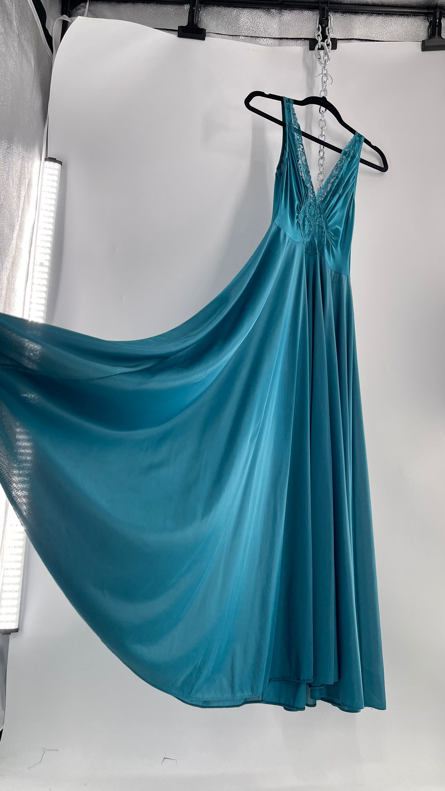 Vintage Olga Intimates Floor Length Voluminous Blue Jewel Toned Maxi Dress/Night Gown with Lace Bust (Small)