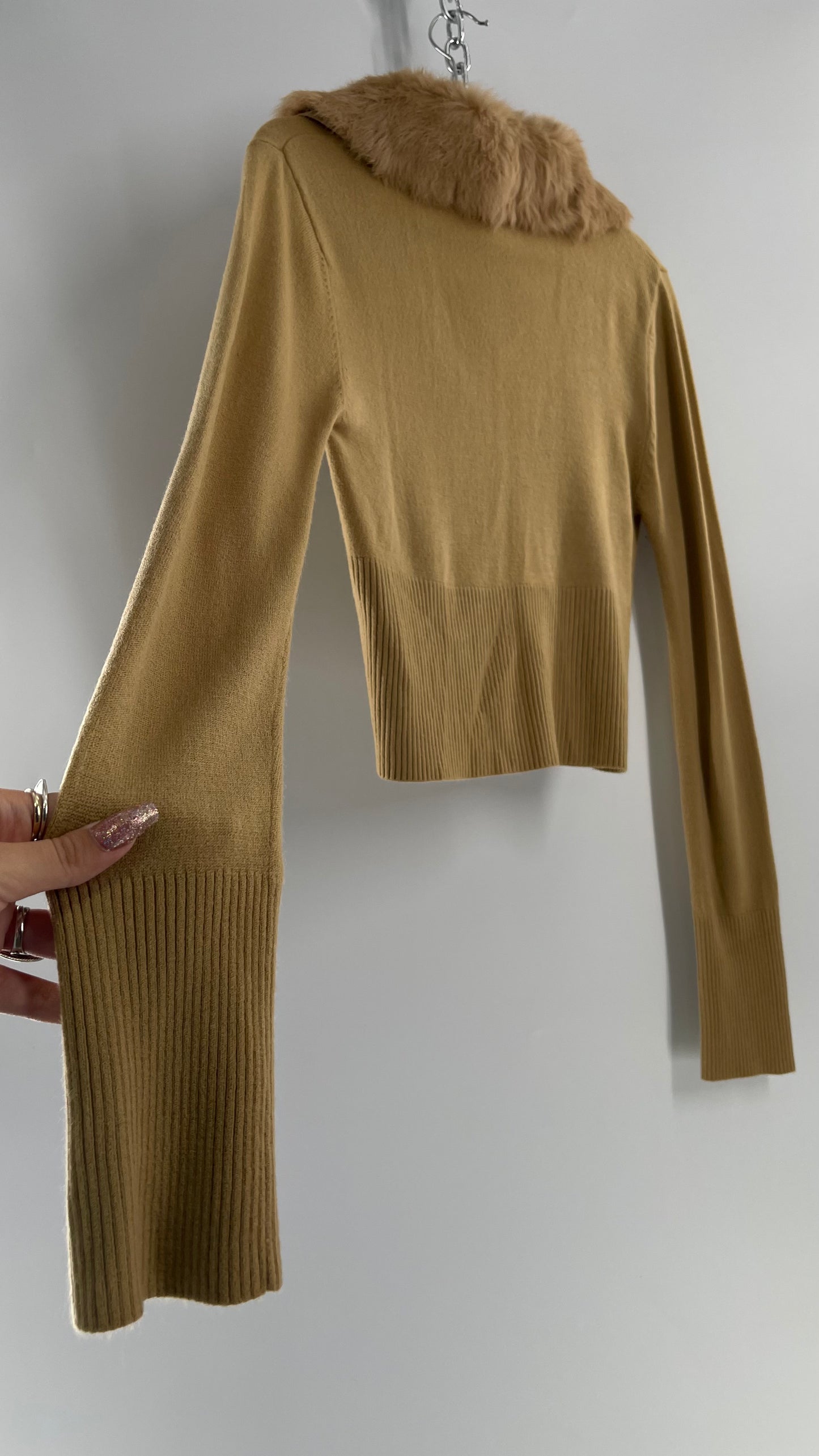Vintage XOXO Tan Fasten Bust Cropped Cardigan Shrug with Genuine Rabbit Fur Exaggerated Collar (Large)