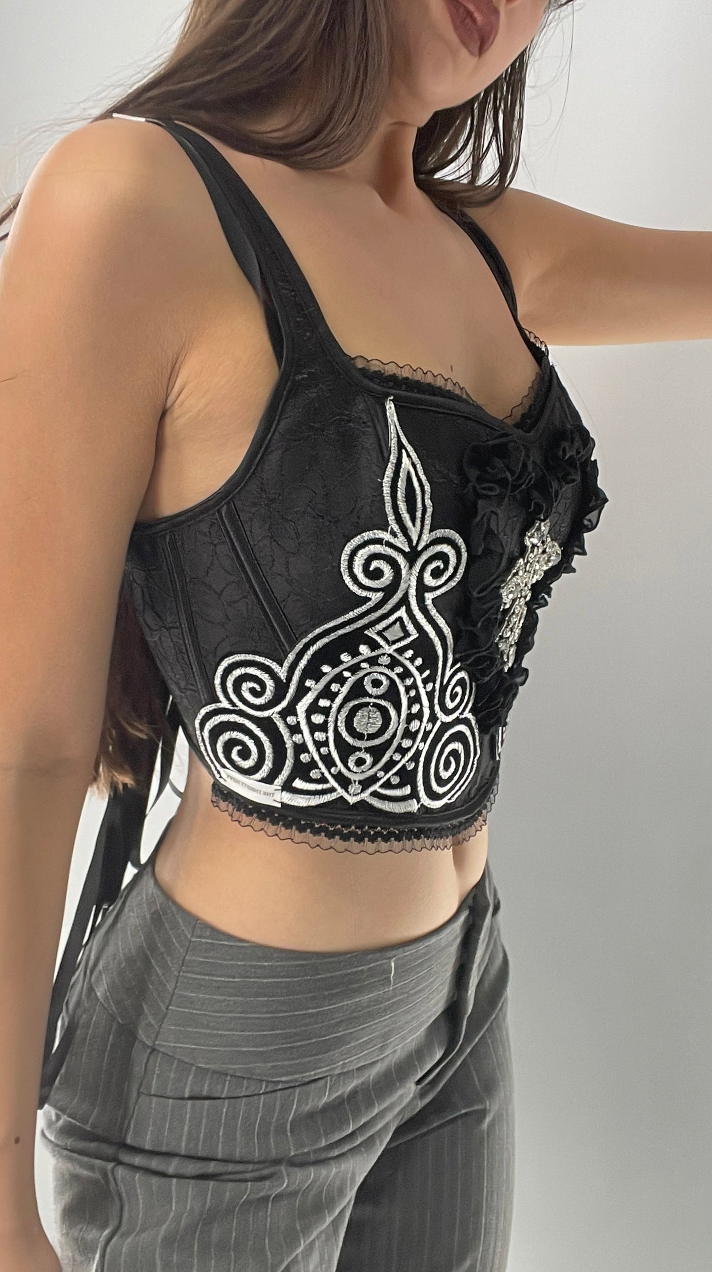 Custom Corset Handmade with Appliqués, Embroidery, Gemstones, Lace and Ruffles (S/M)