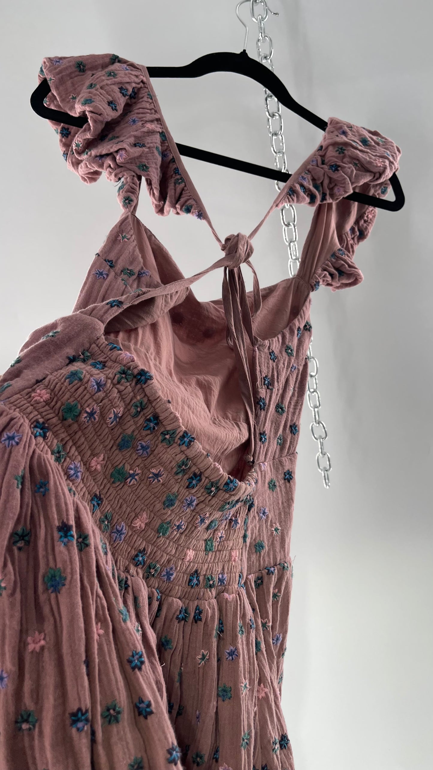Free People Dusty Pink Embroidered Flowers Backless Mini Dress (Small)