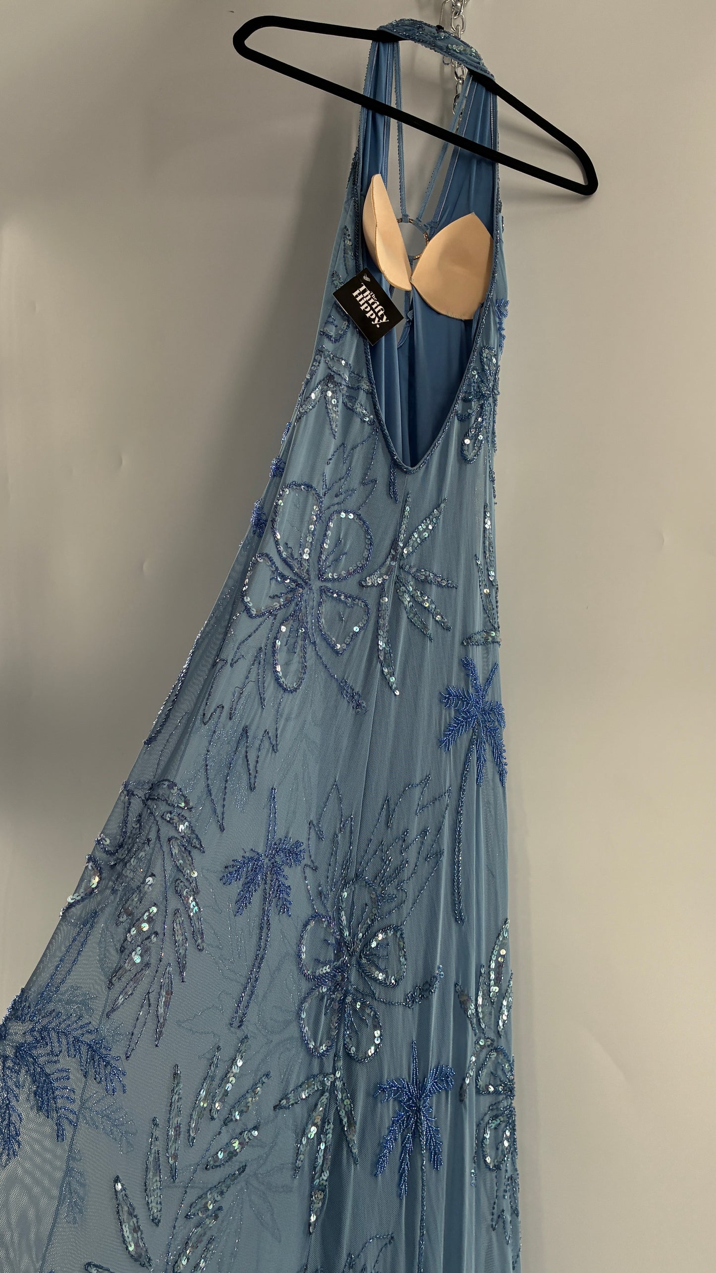 Vintage 1990s Powder Blue Gown Covered in Beaded Appliqué Tropical Designs with Strappy Bust and Low, Open Back (S/M, stretchy no size marked)