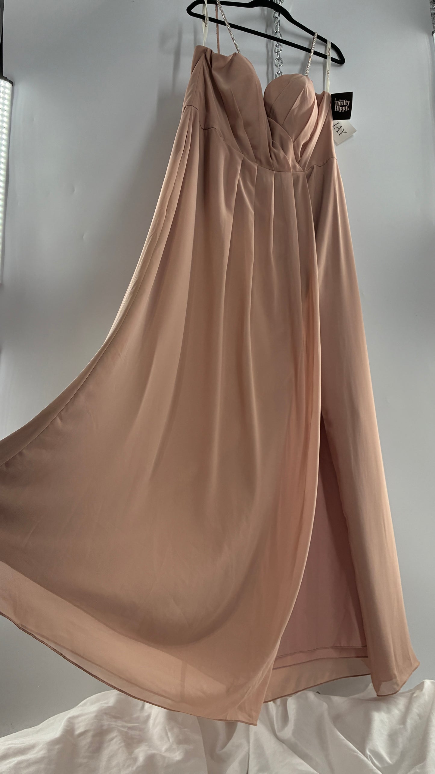 Vintage BARI JAY Nude/Blush Pink Full Length Dress with Embellished Straps and Side Slit Detail (16W)