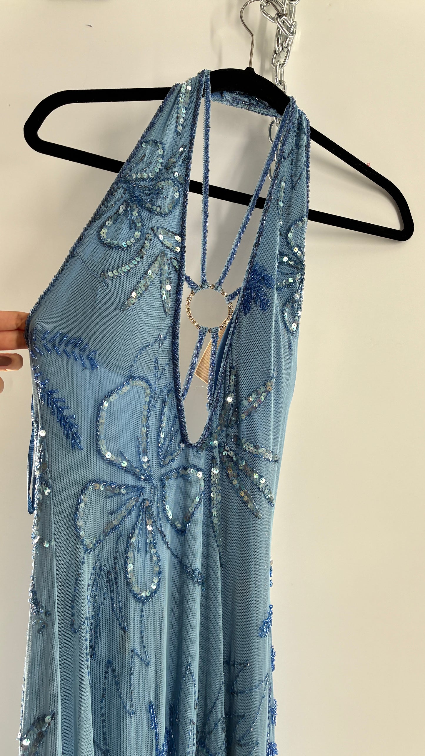 Vintage 1990s Powder Blue Gown Covered in Beaded Appliqué Tropical Designs with Strappy Bust and Low, Open Back (S/M, stretchy no size marked)