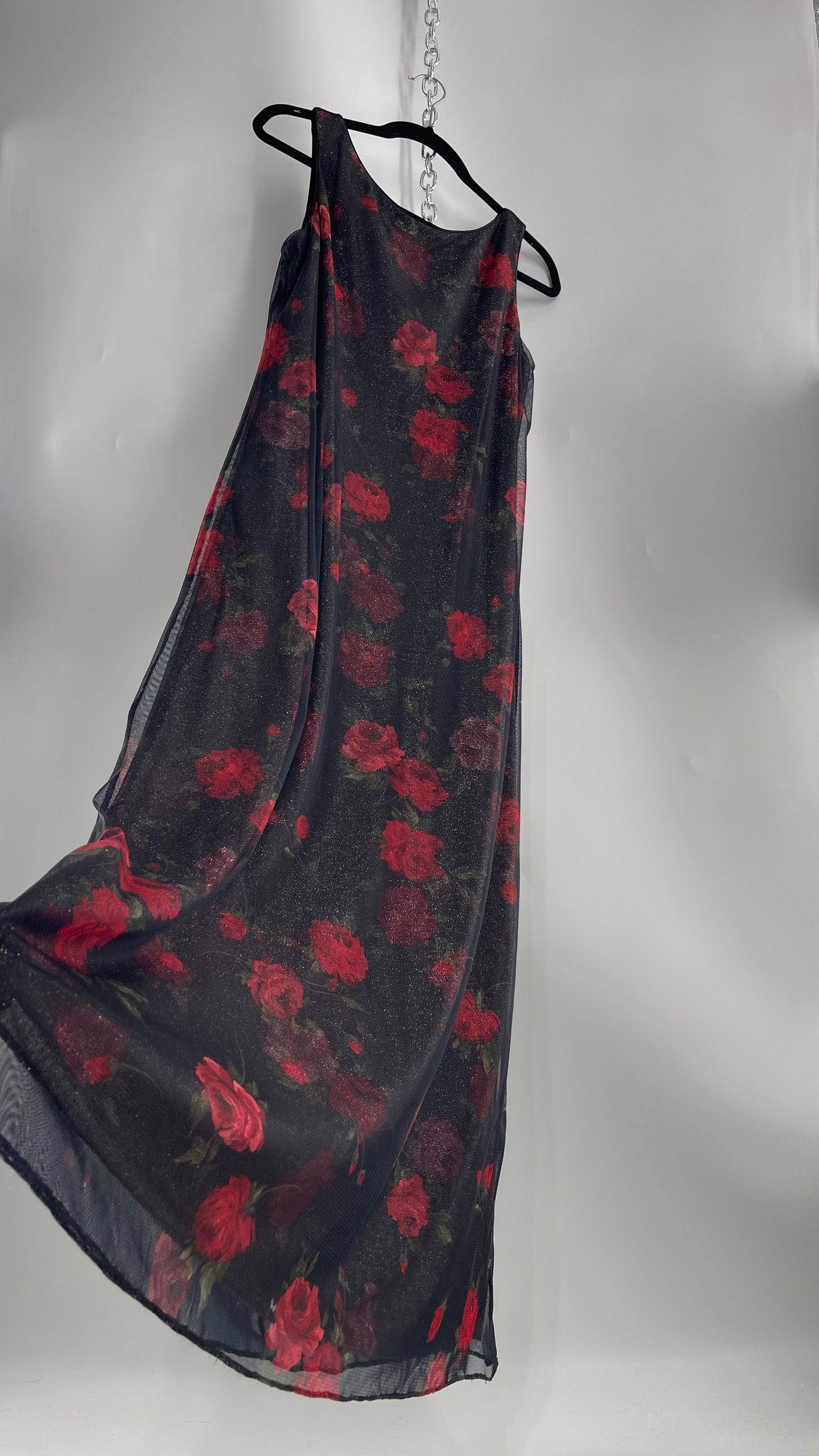 Vintage TEDDI EVENING Dress with Red Rose Layer Over Glitter Graphic and Black Base Layer (10)