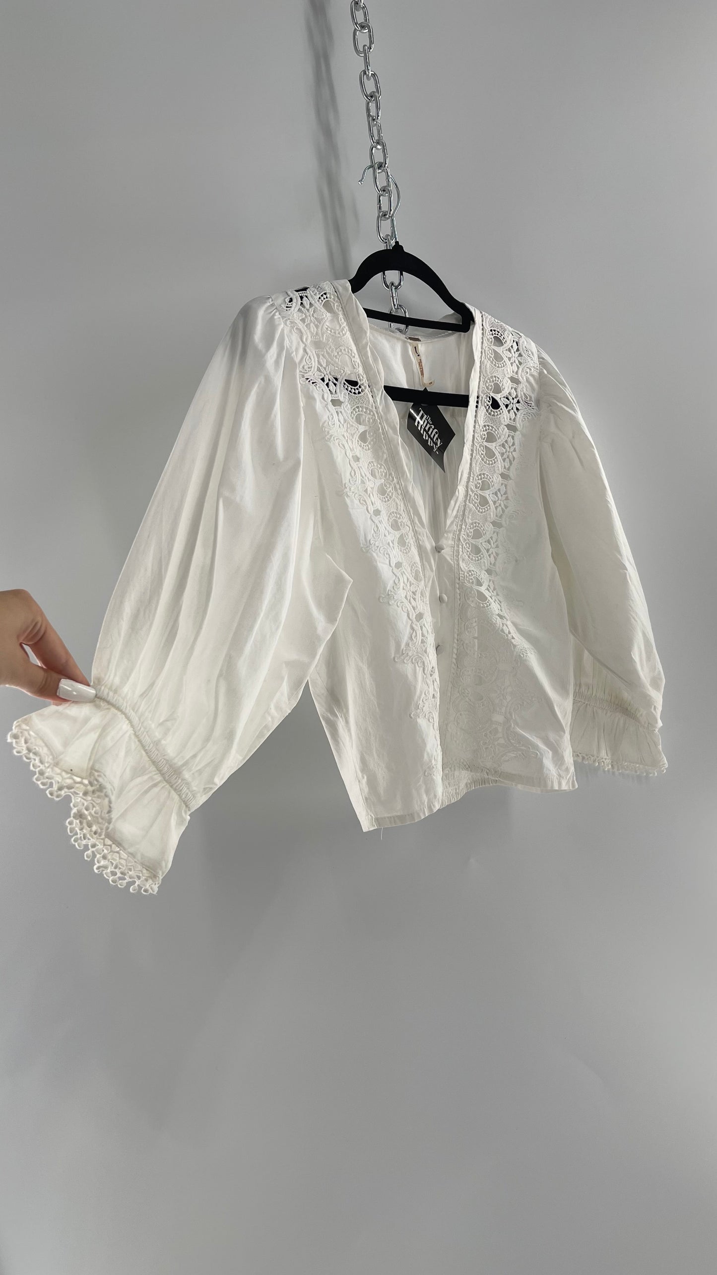 Free People White Puff Sleeve Prairie Blouse with Lace Details (Small)