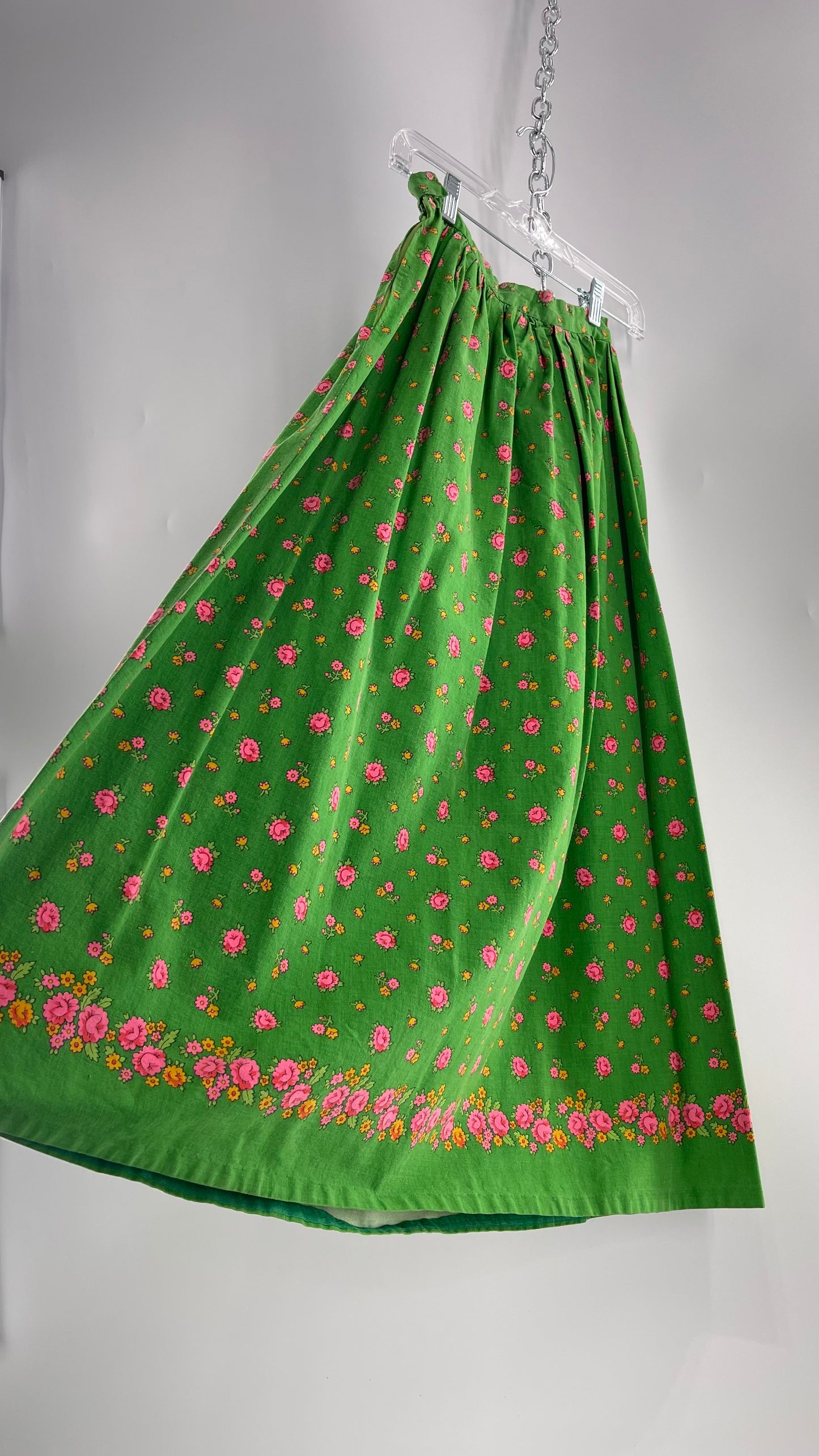 Vintage Imported Cotton Kelly Green Skirt with Pink Roses (XS)