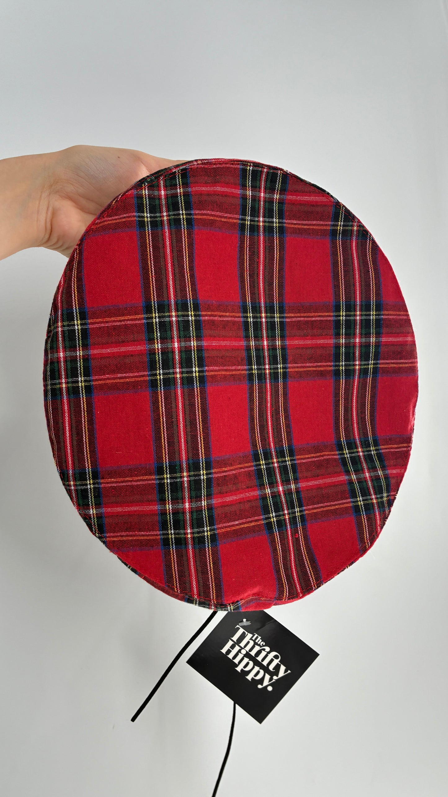 Red Plaid Beret with Vegan Leather Strap with Silver Metal Hardware
