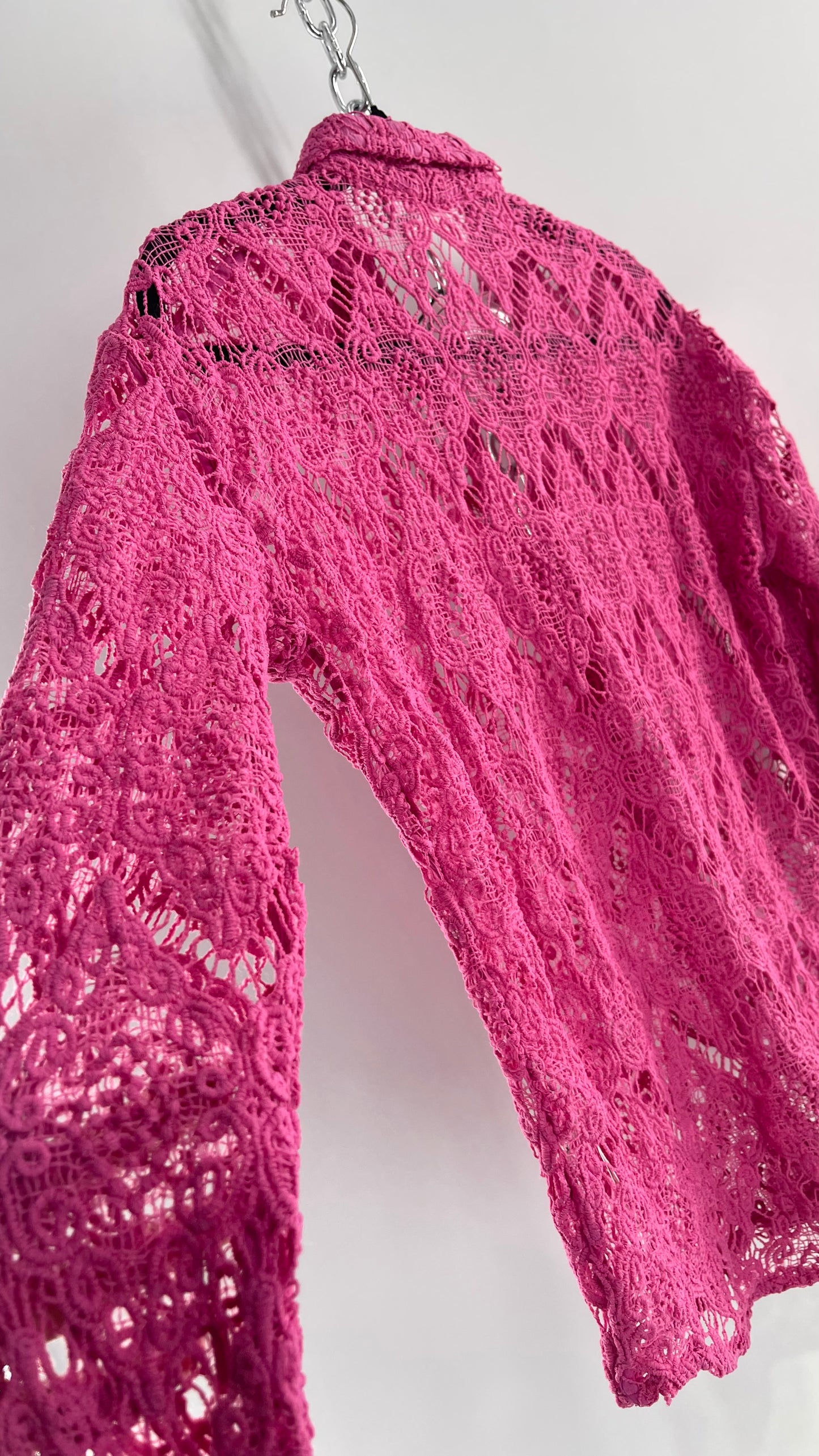Free People Until Sunday Fuchsia Purple/ Pink Thick Lace Button Front Blouse with Coconut Buttons (XS)