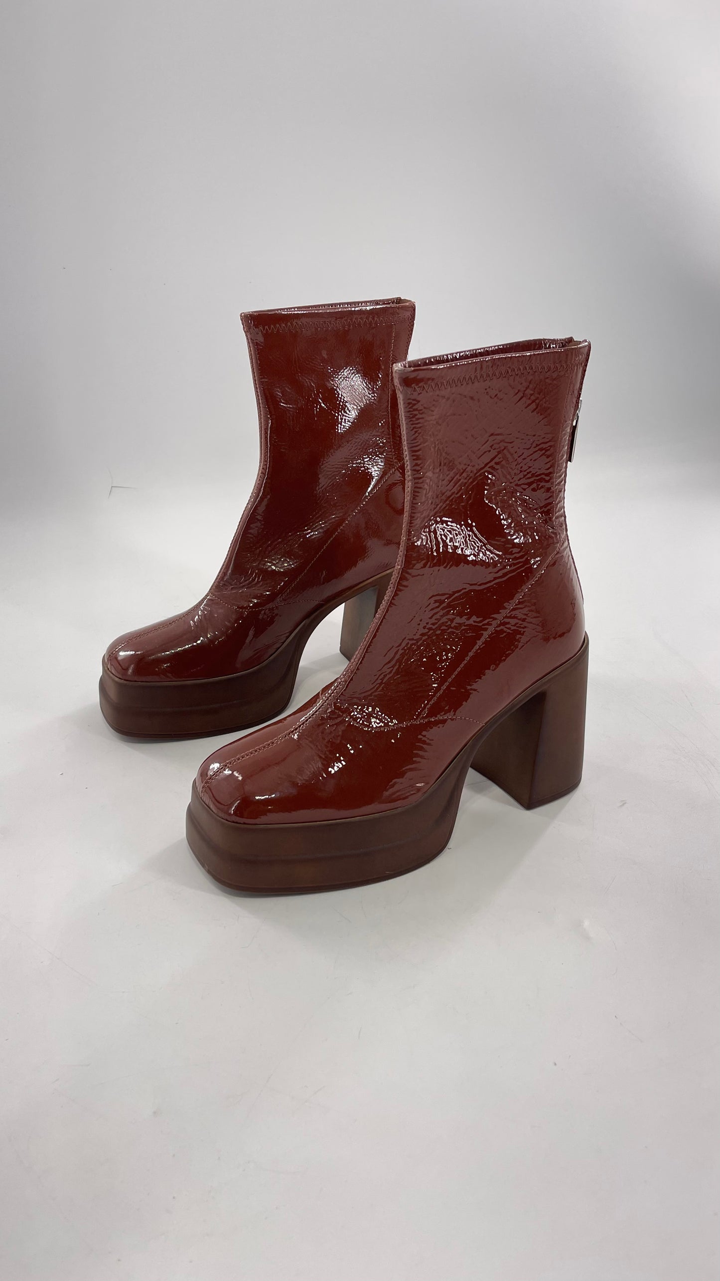 Free People Double StackedGlossy Patent Chestnut Brown Platform Boots with Chunky Heels (37.5)