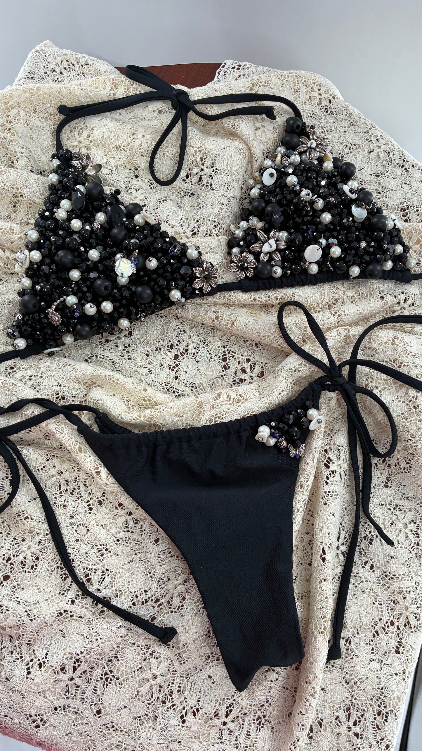 CUSTOM 1/1 Black Swimsuit Covered in Hand Placed and Sewn Beads, Charms, and Gems (MEDIUM)