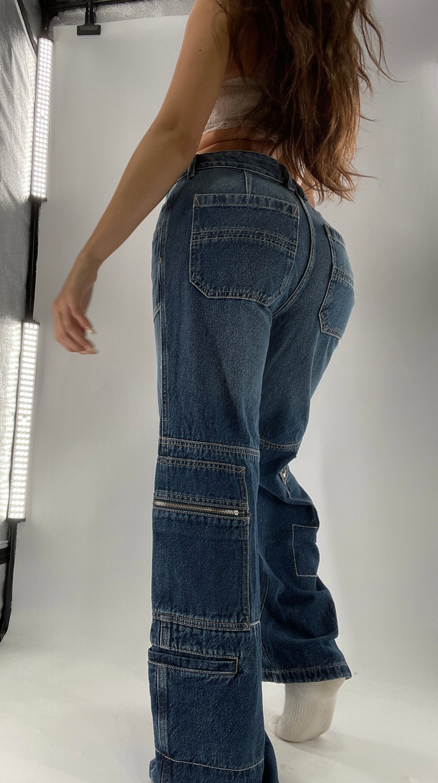 Free People Medium Wash Baggy Straight Legs Jeans Covered in Zippers, Pockets, Stitching (28)