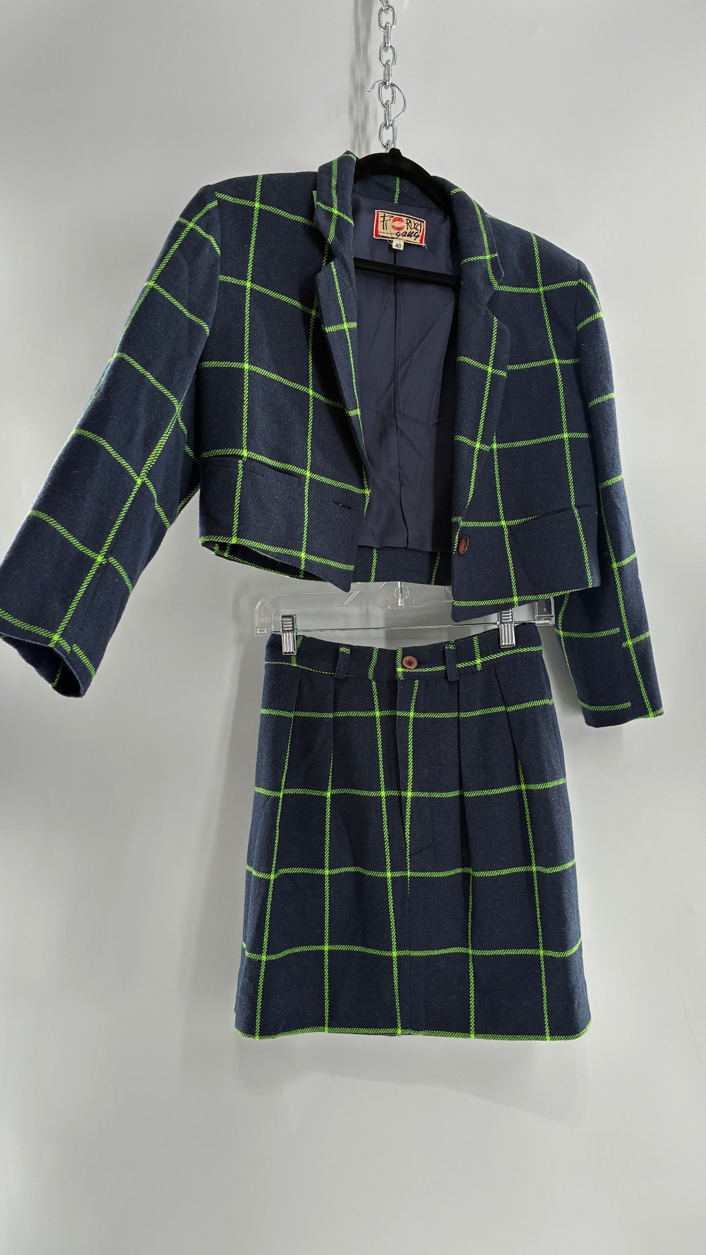 Vintage FIORUCCI GANG Navy and Neon Green Plaid Suit Set with Cropped Blazer and Mini Skirt (40,42)
