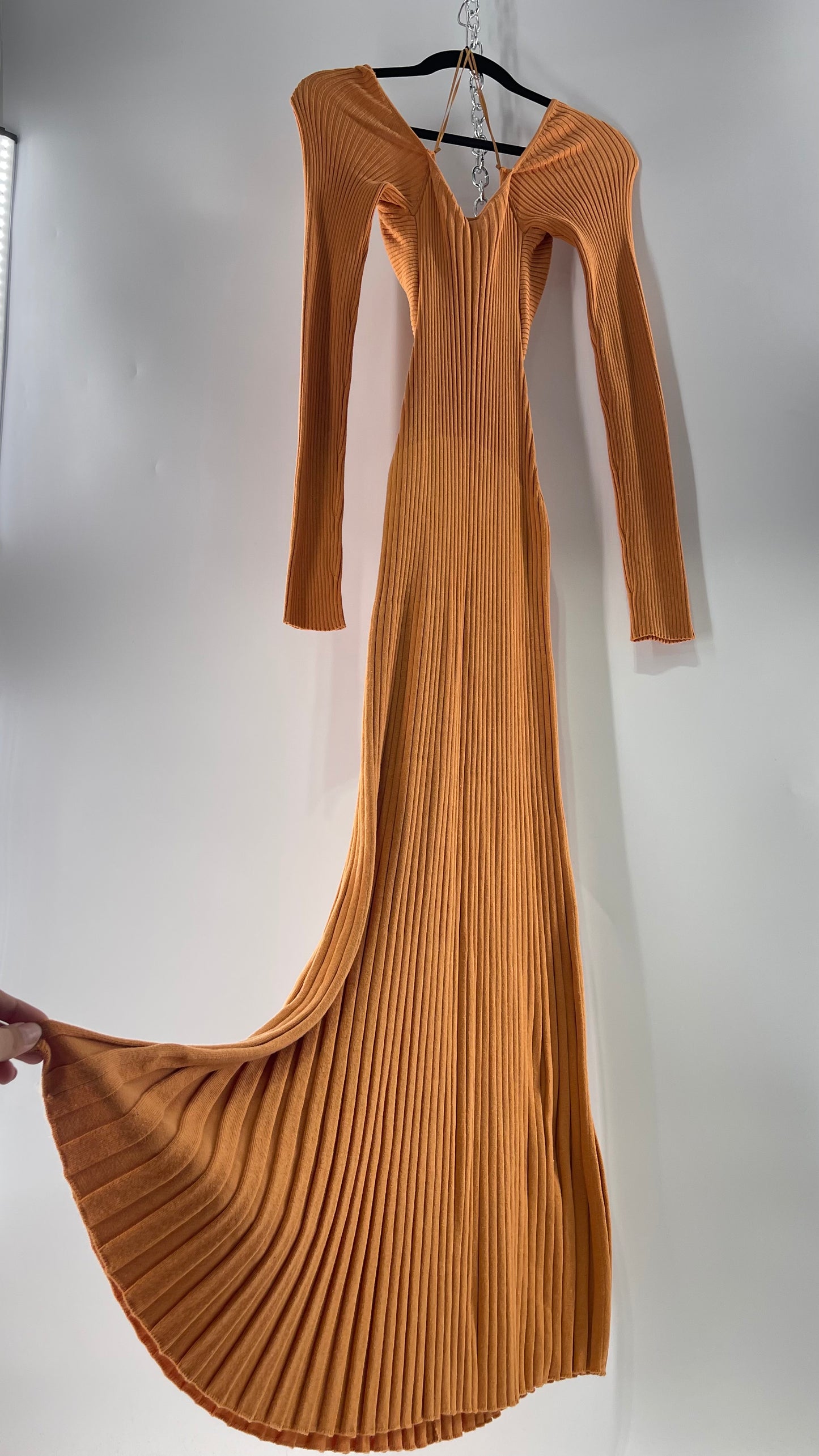 Free People Orange Ribbed Knit Maxi Dress with Cross Over Exposed Midriff Dress (Medium)