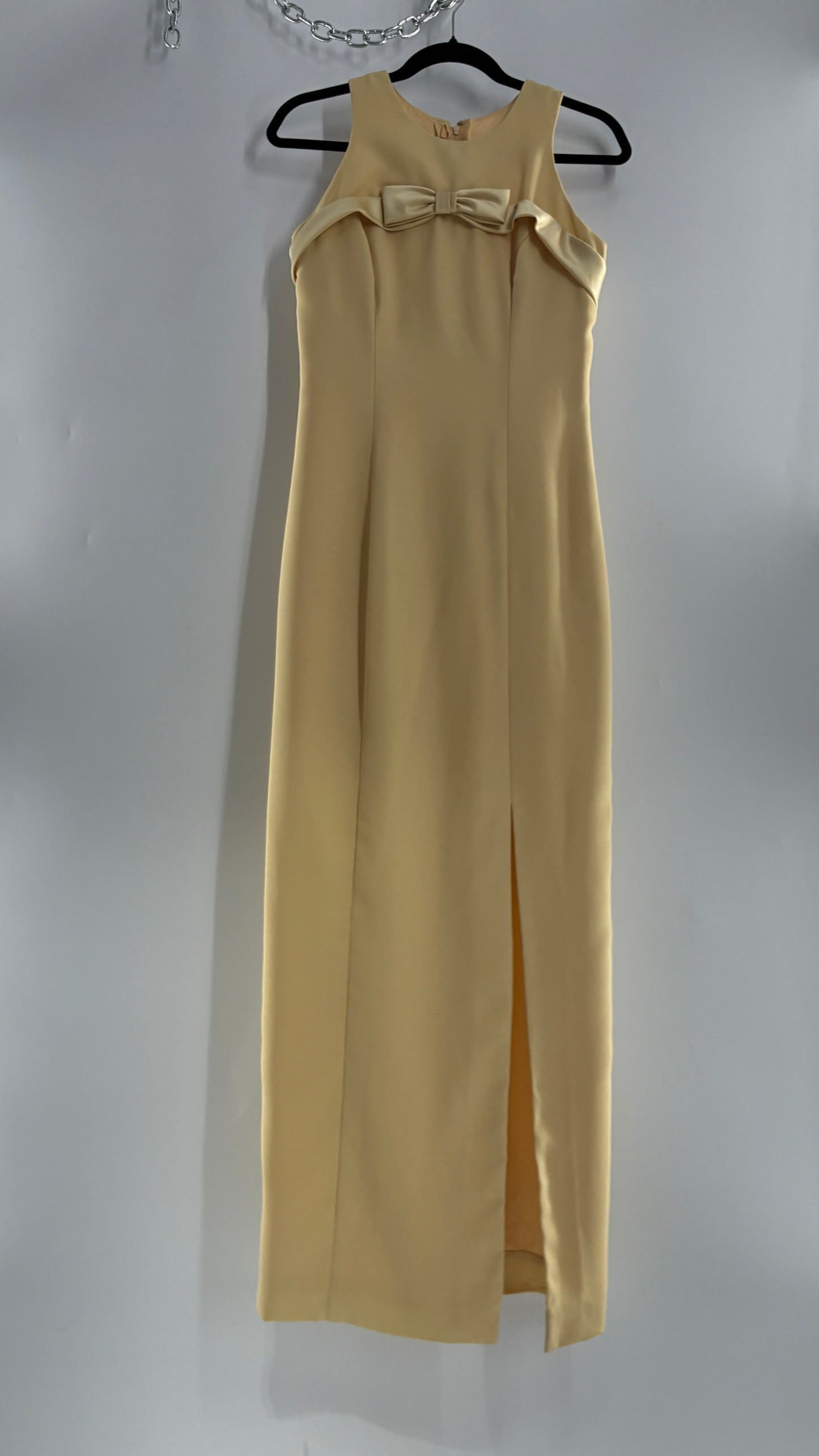 Vintage ALYCE’S Baby Yellow High Neck Satin Bow Bust, Side Slit, Button Back Gown (Measured)
