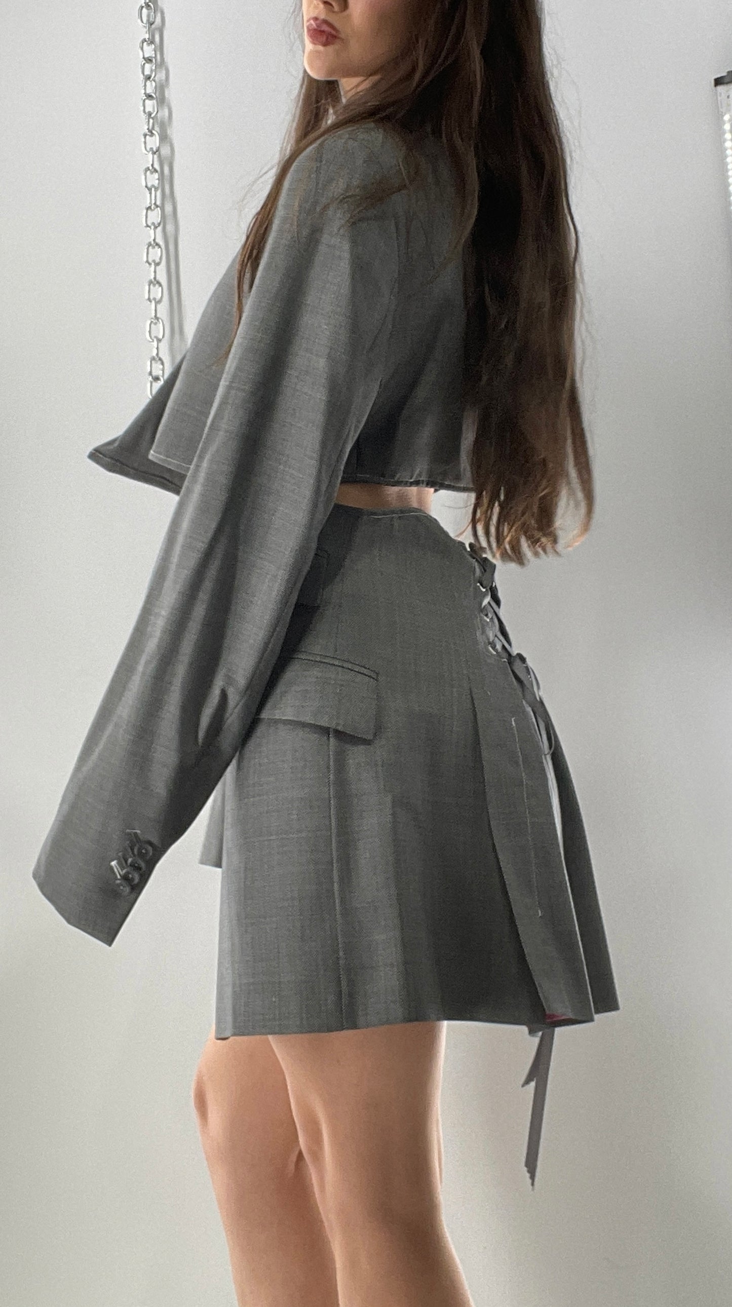 Custom Handmade Gray 2Piece Suit Set with Pink Satin Lining, Cropped Blazer, and Corseted Skirt (S-L)
