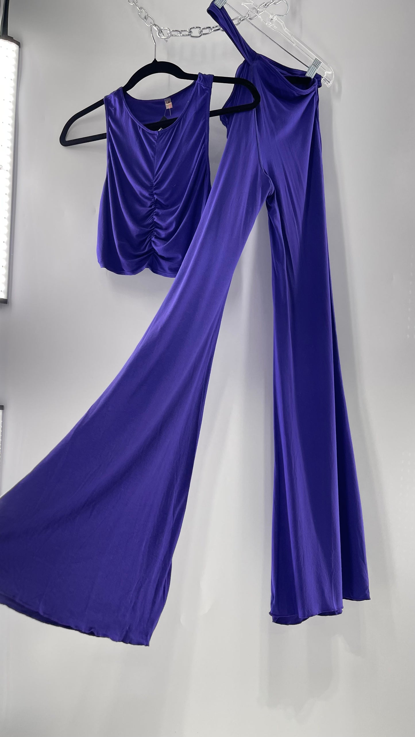 Free People 2 Piece Cobalt Purple Ruched Tank+ Cut Out Hip Strap Detail Flared Bottoms Set (Small)