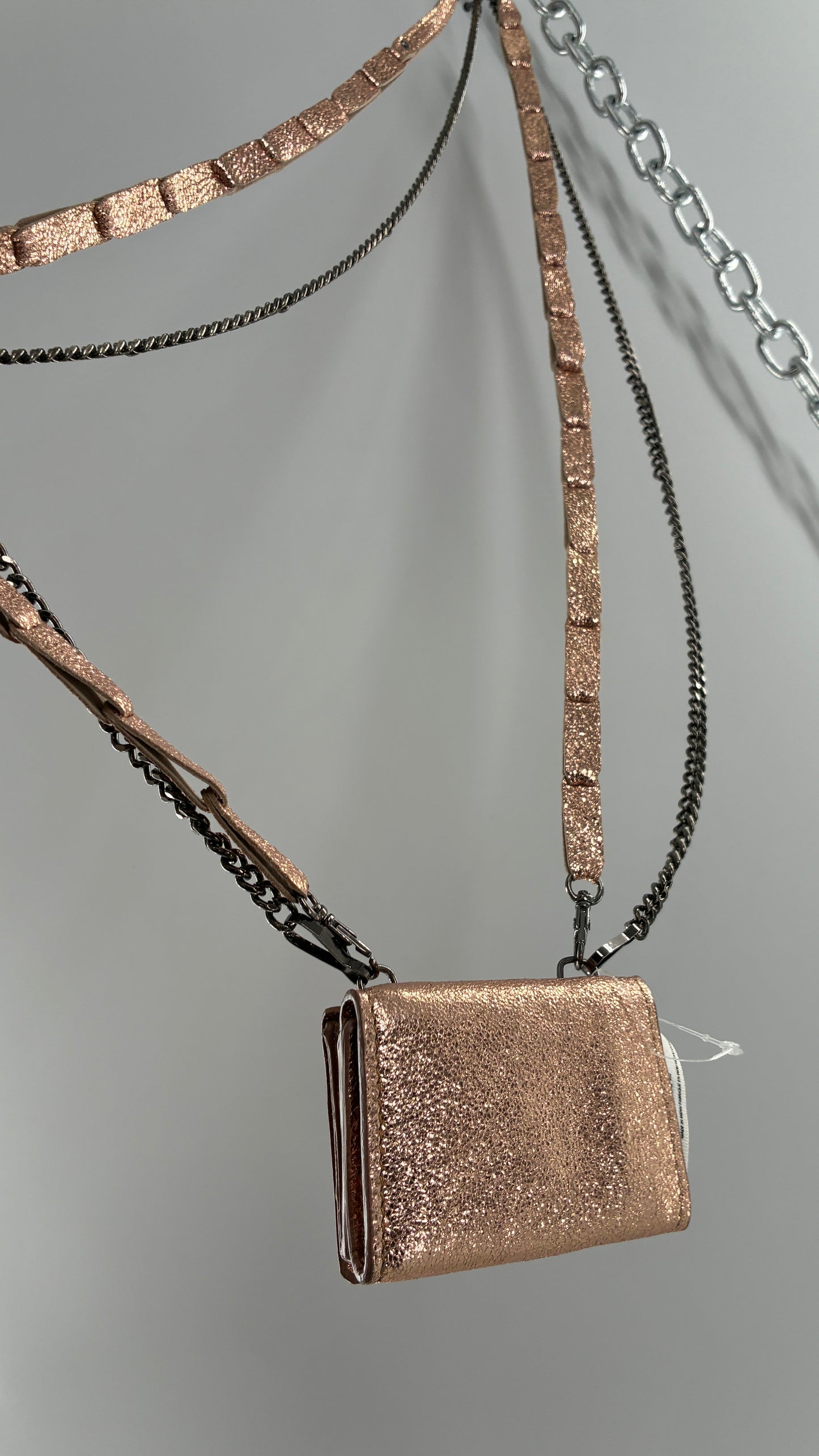 Free People Rose Gold Metallic Goat Leather Wallet with Leather and Chain Straps