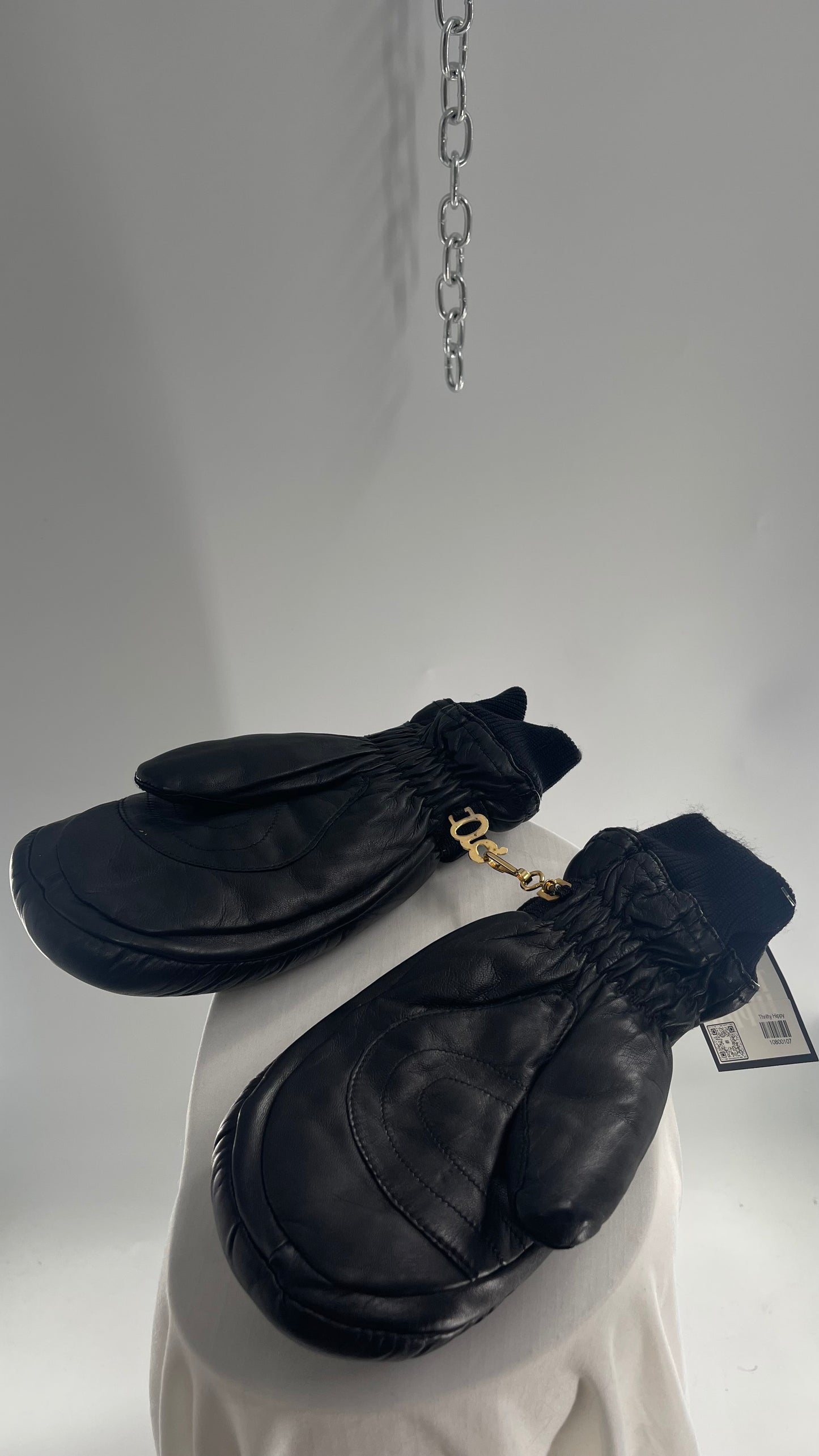 Grandoe Black Leather Mittens with Branding and Gold Logo Link