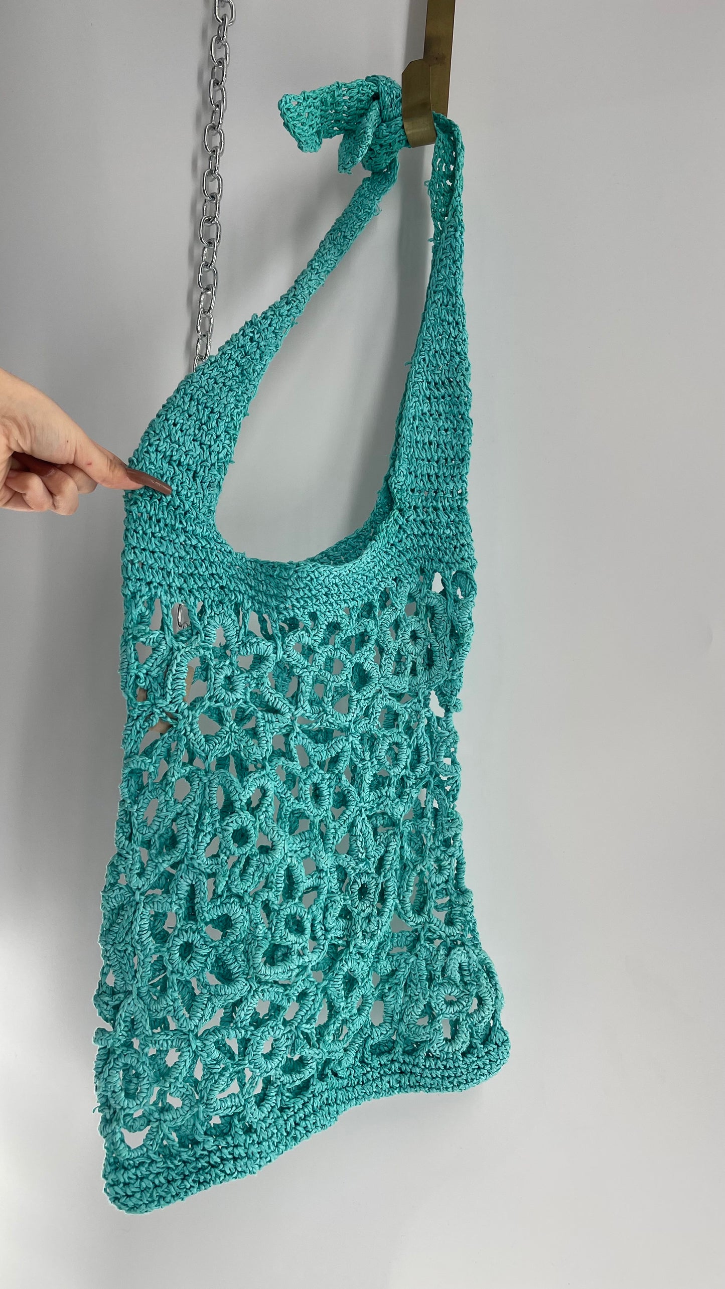 Turquoise Blue Straw Flower Tote Bag