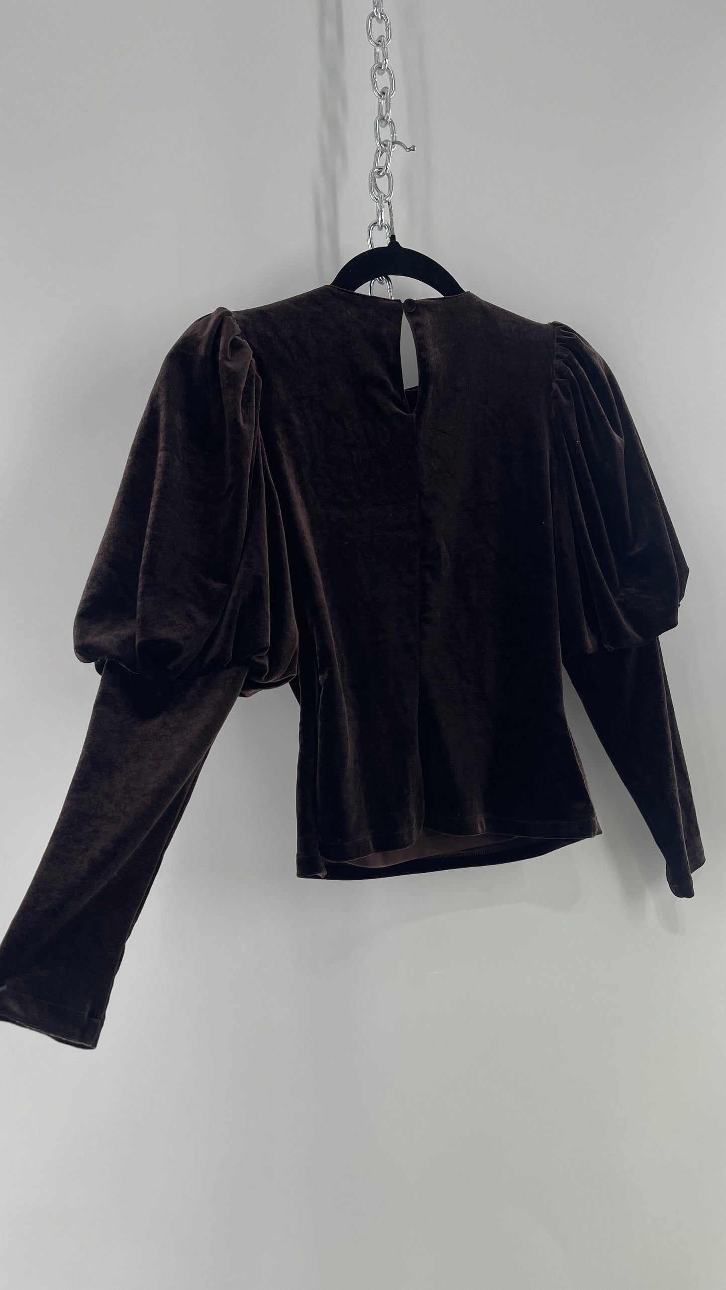 Anthropologie Sundays in Brooklyn Dark Brown Puff Shoulder, High Neck, Juliette Sleeve Blouse (XXSP)