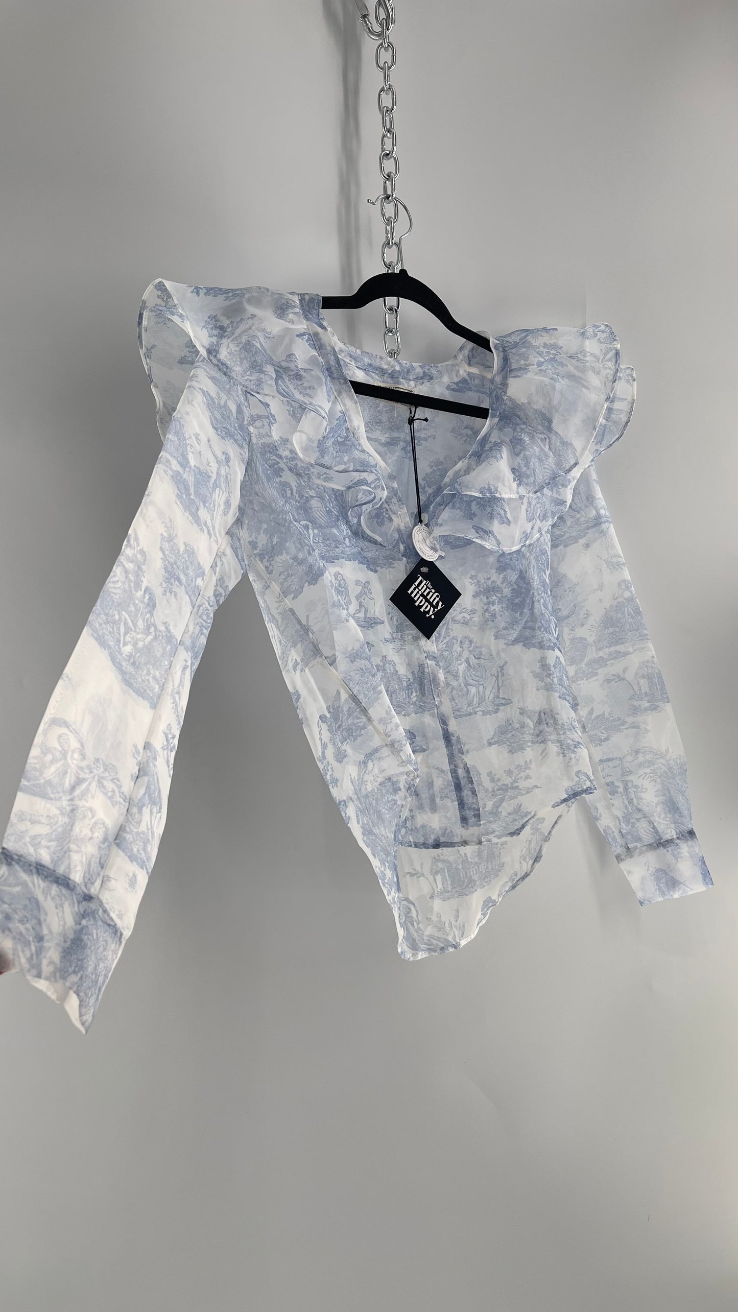 Laura Ashley Urban Outfitters Voile Sheer Ruffled Shoulder Button Up with Blue Vintage Print (XS)