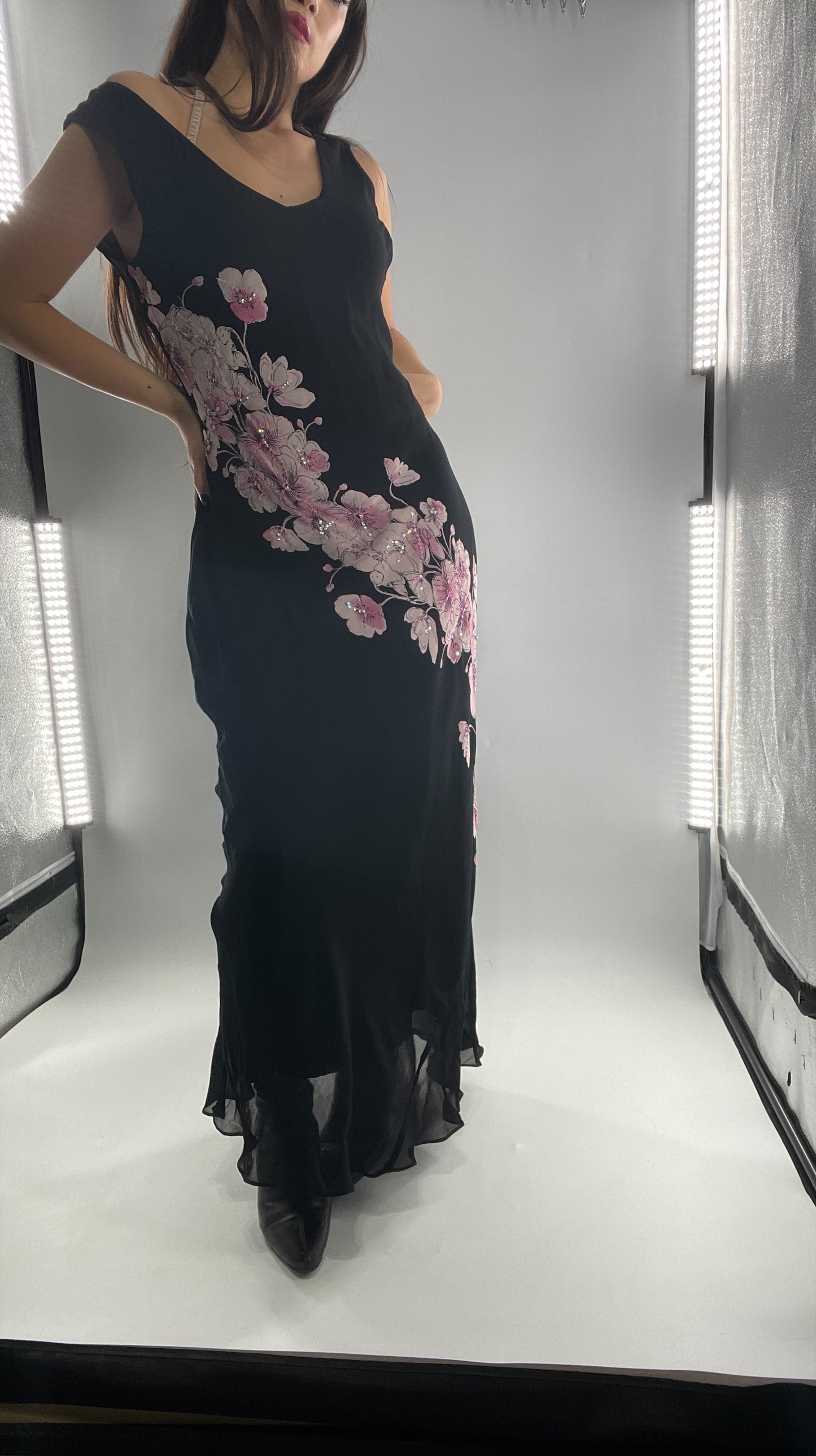 Vintage Dress Barn Black Slinky Maxi Dress with Pink Floral Graphic and Sequins (L)