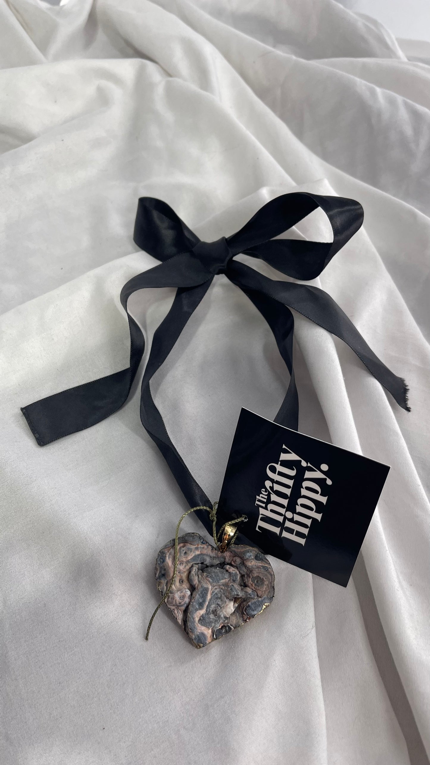 Vintage Geode Heart Stone Pendant Necklace with Black Ribbon