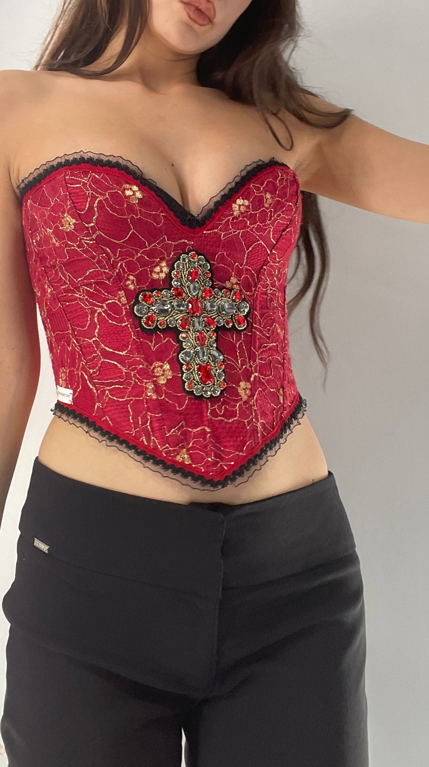 Custom Red Lace Corset with Beaded Cross Appliqué and Lace Trim (XS/S)