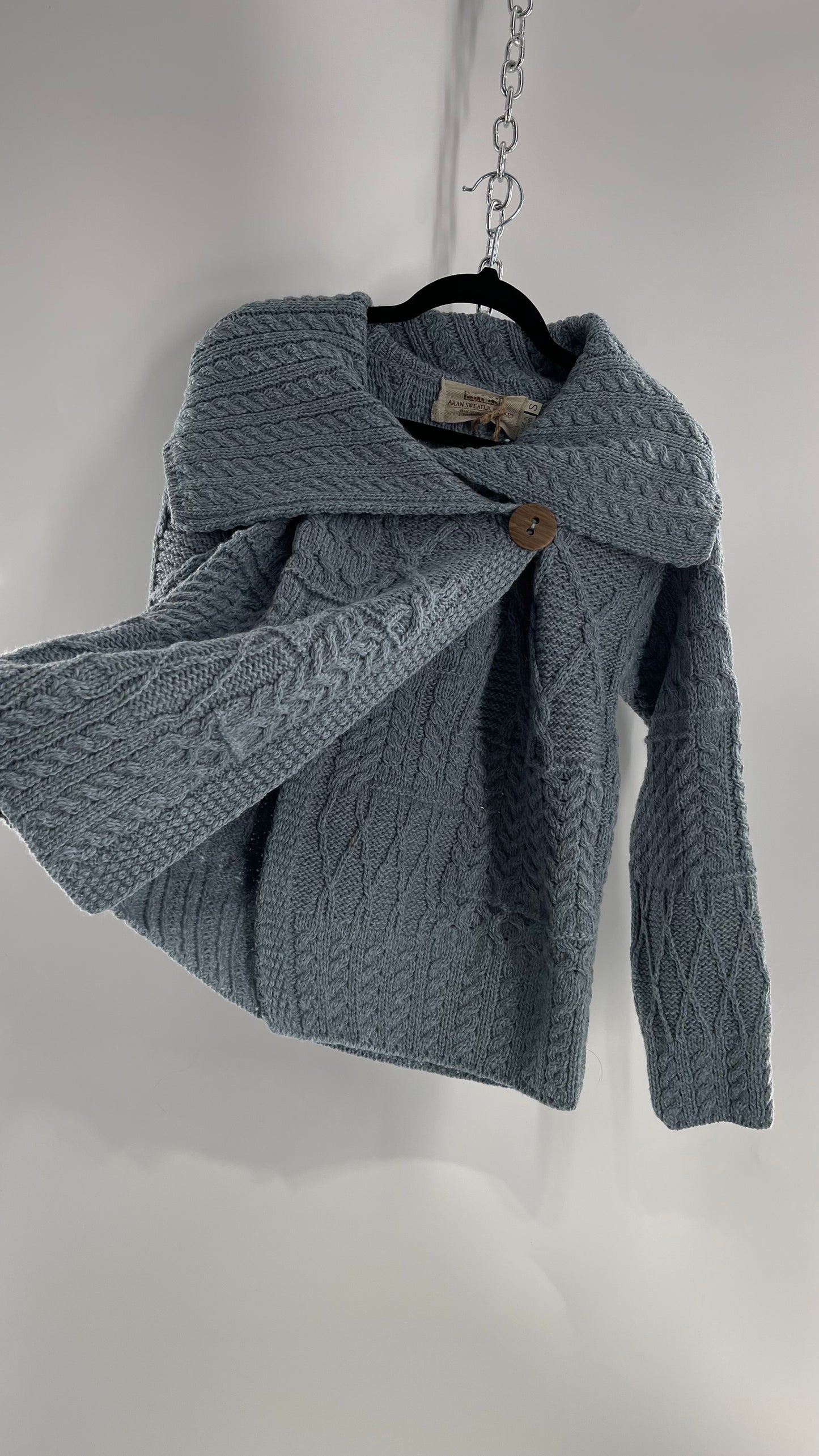 Authentic Irish Aran Sweater Market Slate Blue Aran Stitch Sweater with Oversized Wooden Button Detail and Certificate of Authenticity (Small)