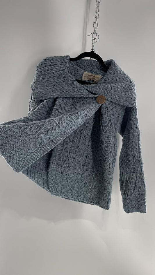 Authentic Irish Aran Sweater Market Slate Blue Aran Stitch Sweater with Oversized Wooden Button Detail and Certificate of Authenticity (Small)