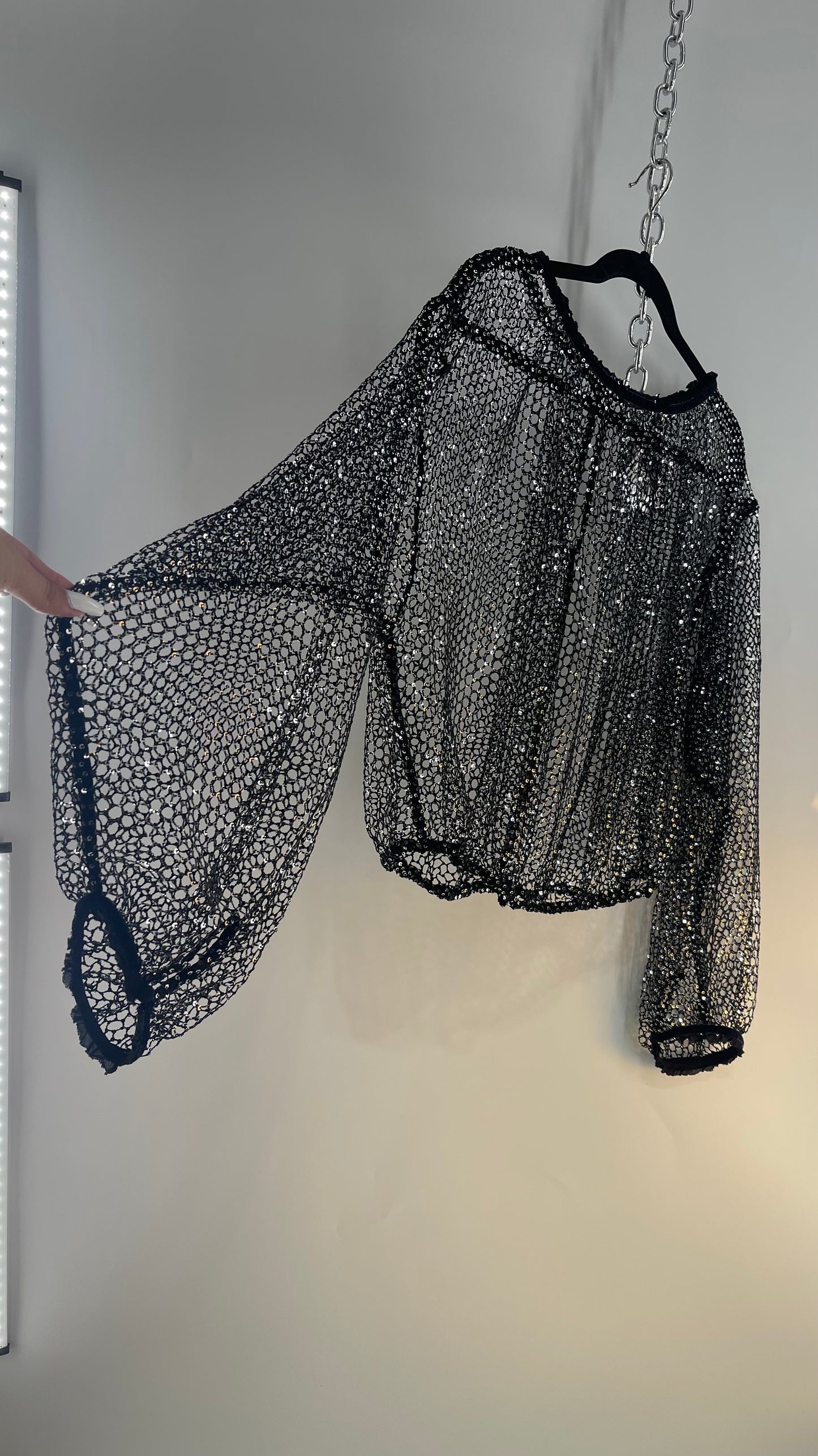Free People Disco Black Mesh Blouse with Velvet Ribbon Trim (S/M)
