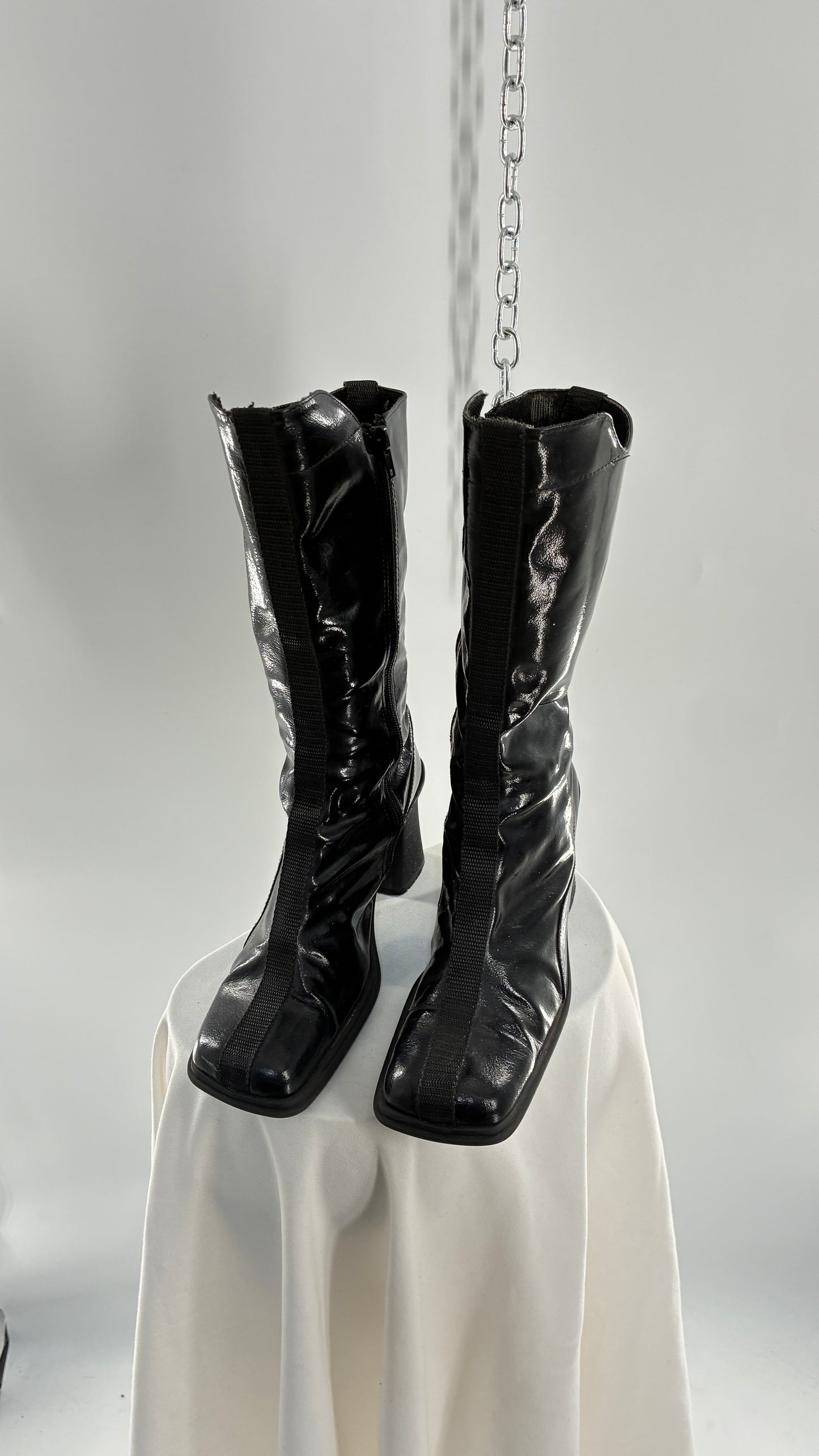 Vintage Black Patent Vinyl Boots with Square Toe and Block Heel with High, Low Calf (40)