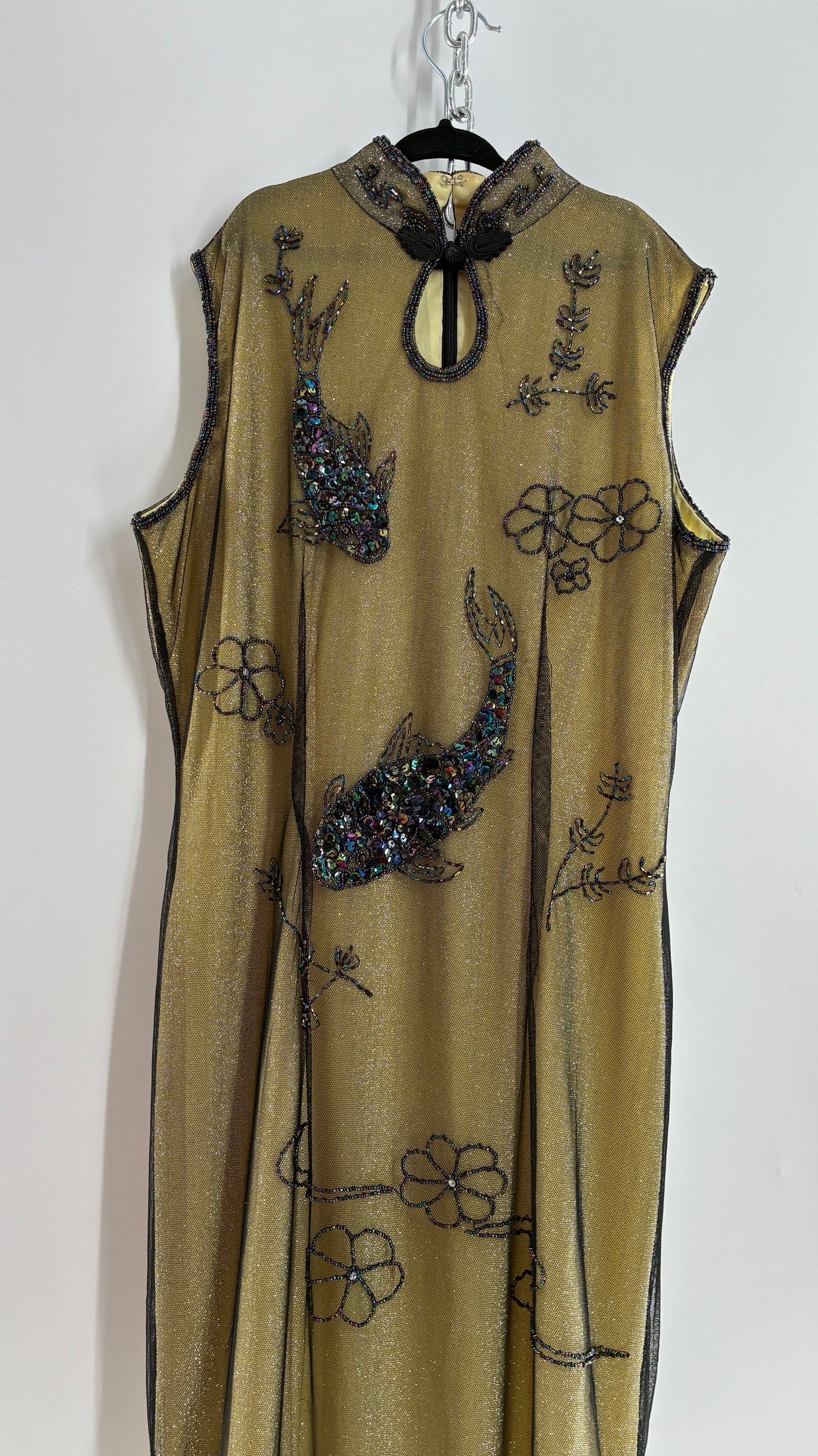 Vintage 1990s One of a Kind Handmade, Green Gown with Beaded Koi Fish, Metallic Tulle Overlay, and Symmetric Back (Medium)