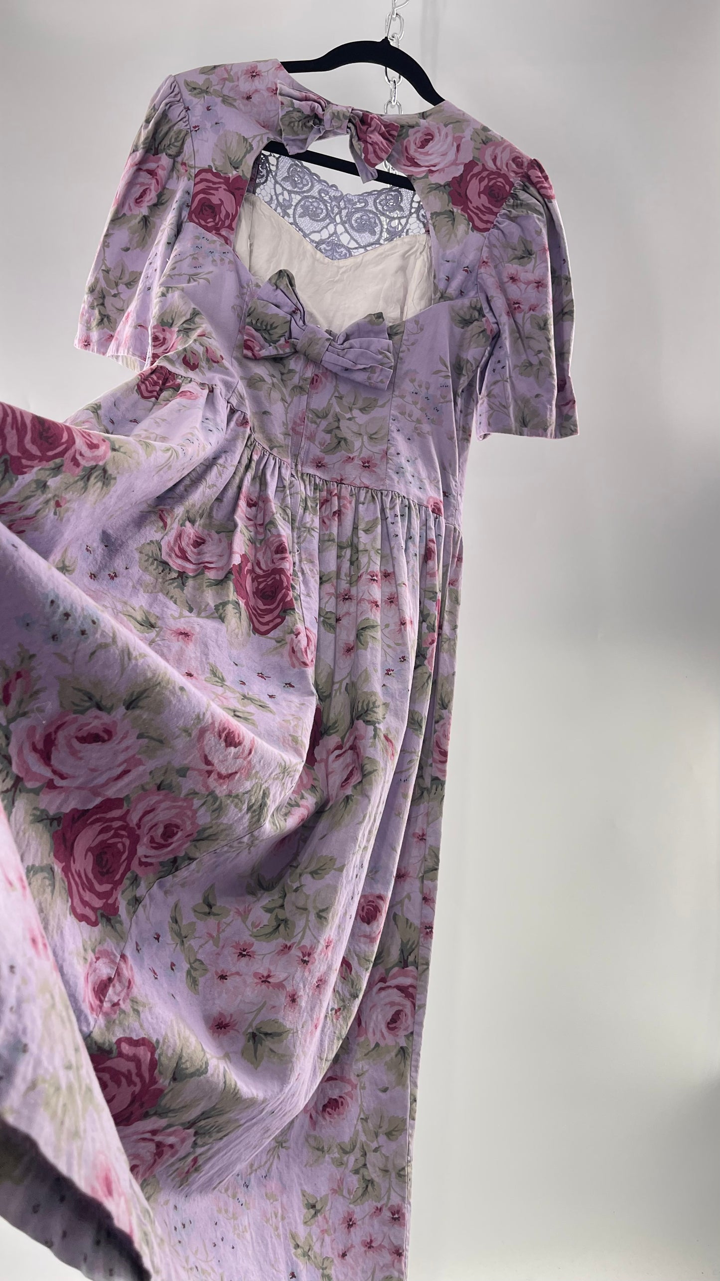 Vintage Urban Renewal Reworked and Upcycled Misty Lane Lilac/Lavender Floral Fit/Flare Dress with Sweetheart Neckline, Lace Detail and Bow Adorned Open Back (11/12)