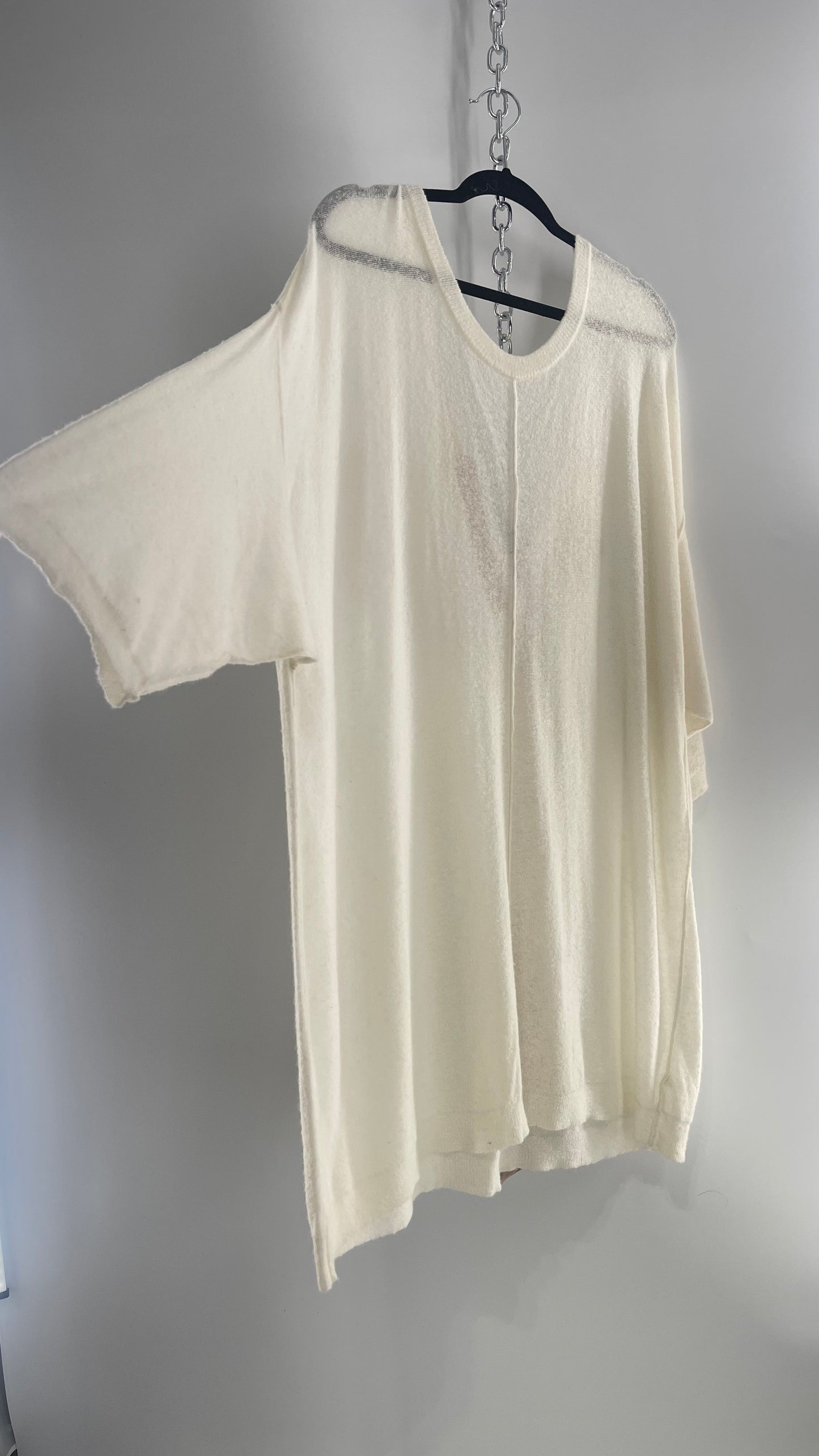 Free People Off White Thin Knit Cozy Sweater Dress with Open Back and Dusty Rose Ribbon (L)