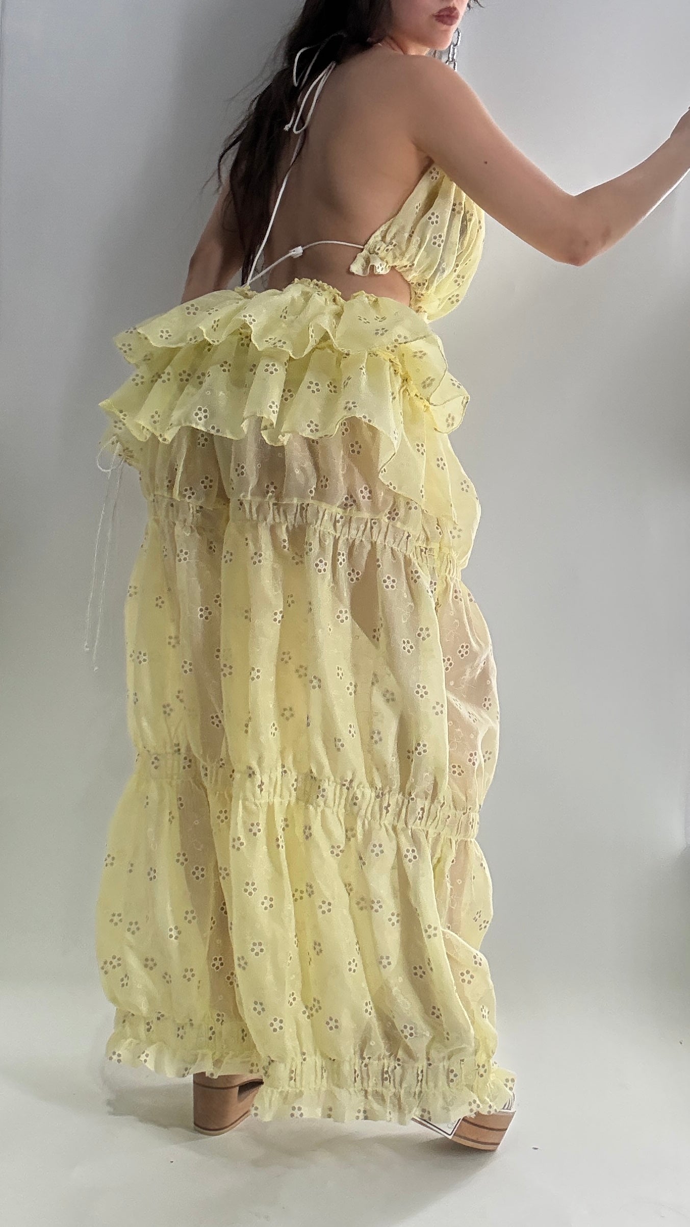 Vintage Handmade 2pc Baby Yellow Set with Tiered Pants, Ruffled Bum, and Floral Eyelet Pattern (XS-M)